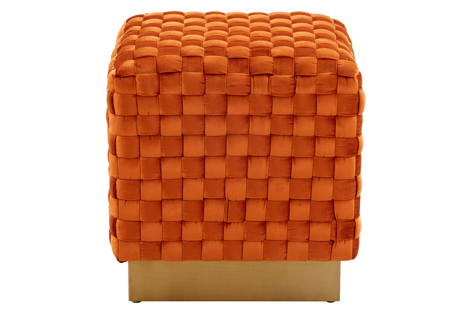 LeisureMod Myrtle 19" Square Weave Design Velvet Ottoman with Gold Base - Orange/Marmalade