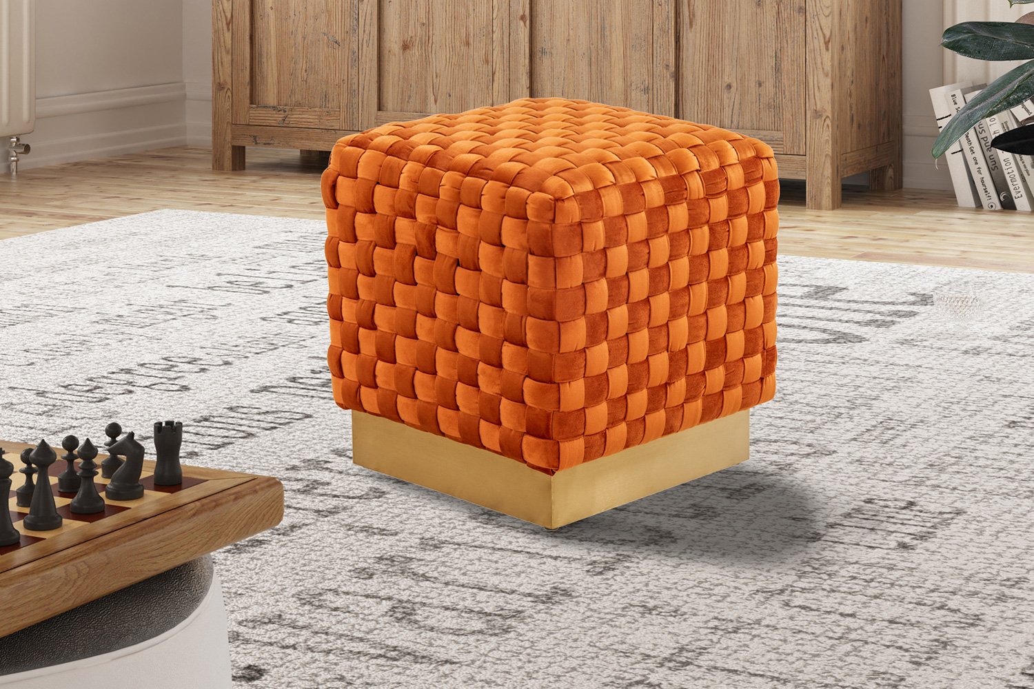 LeisureMod Myrtle 19" Square Weave Design Velvet Ottoman with Gold Base - Orange/Marmalade