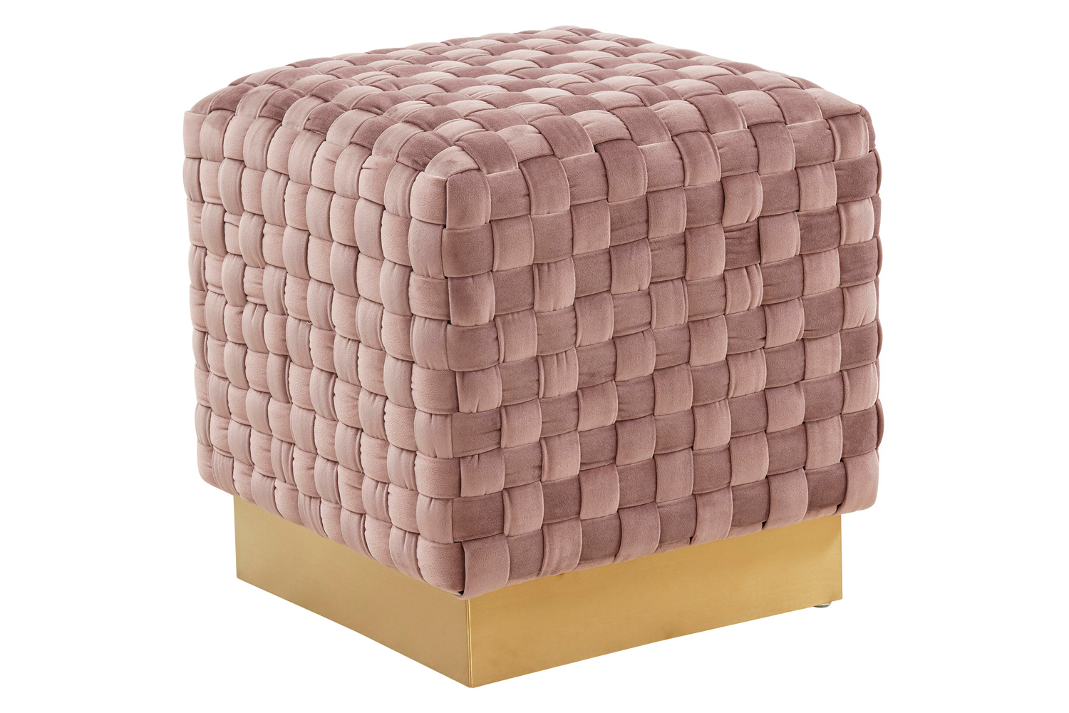 LeisureMod Myrtle 19" Square Weave Design Velvet Ottoman with Gold Base - Pink