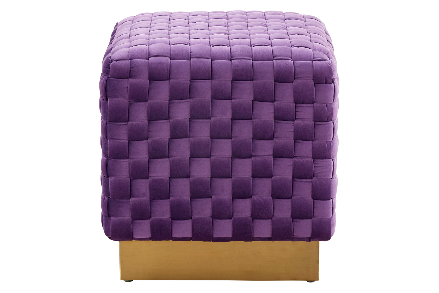 LeisureMod Myrtle 19" Square Weave Design Velvet Ottoman with Gold Base - Purple