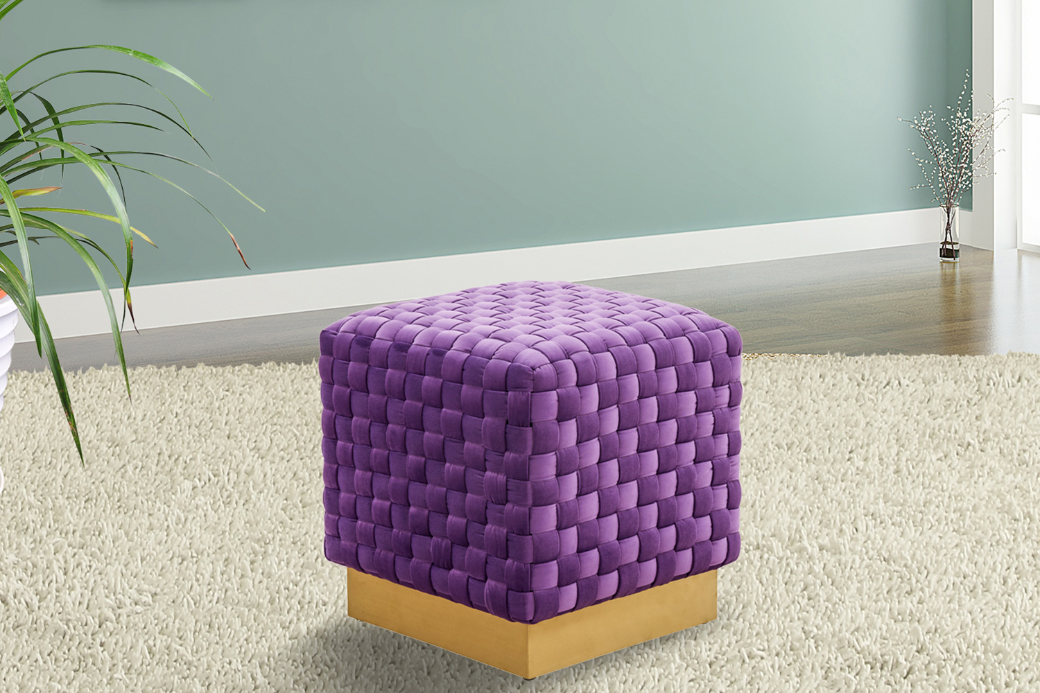 LeisureMod Myrtle 19" Square Weave Design Velvet Ottoman with Gold Base - Purple