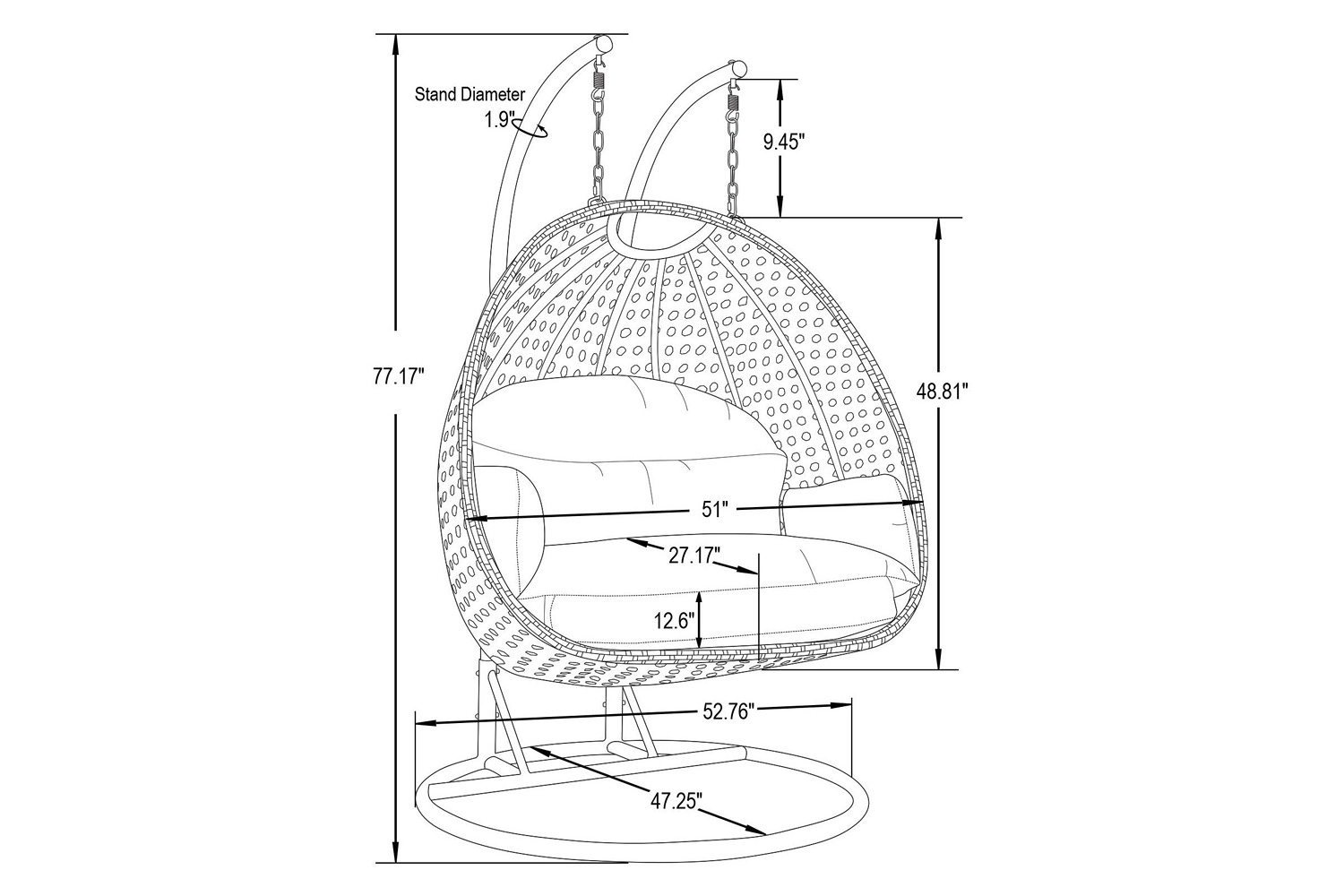 LeisureMod Mendoza Charcoal Wicker Hanging 2 Person Egg Swing Chair - Black