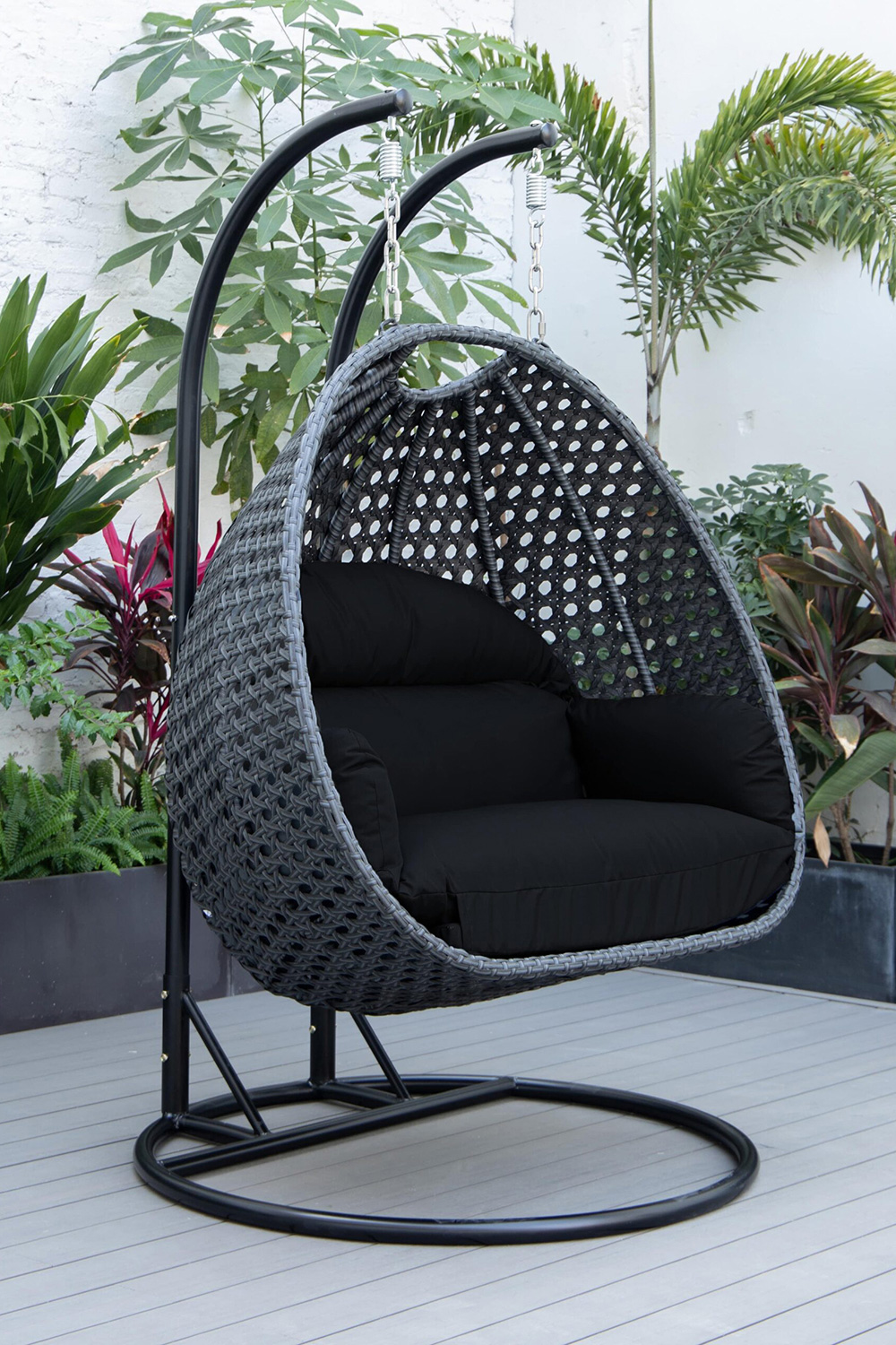 LeisureMod Mendoza Charcoal Wicker Hanging 2 Person Egg Swing Chair - Black