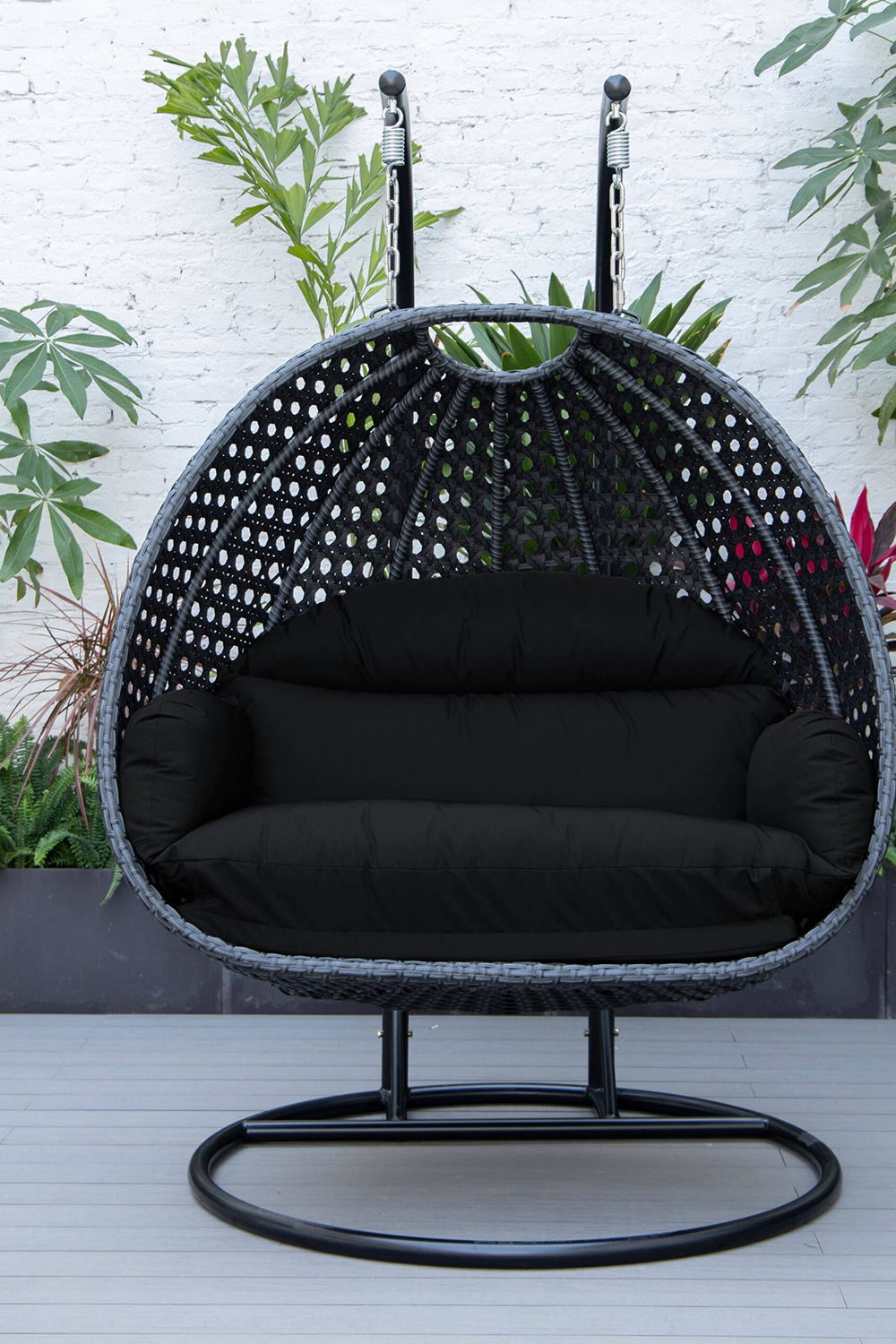 LeisureMod Mendoza Charcoal Wicker Hanging 2 Person Egg Swing Chair - Black