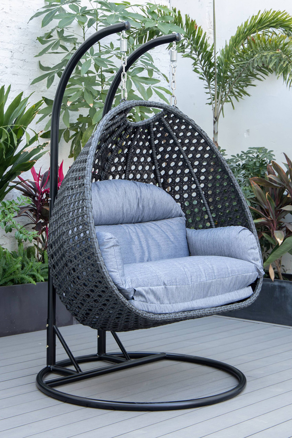 LeisureMod Mendoza Charcoal Wicker Hanging 2 Person Egg Swing Chair - Charcoal