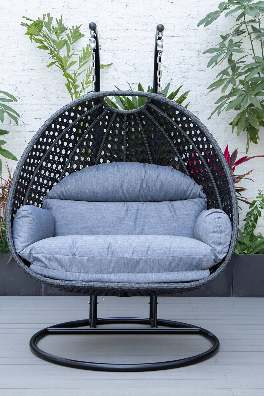 LeisureMod Mendoza Charcoal Wicker Hanging 2 Person Egg Swing Chair - Charcoal