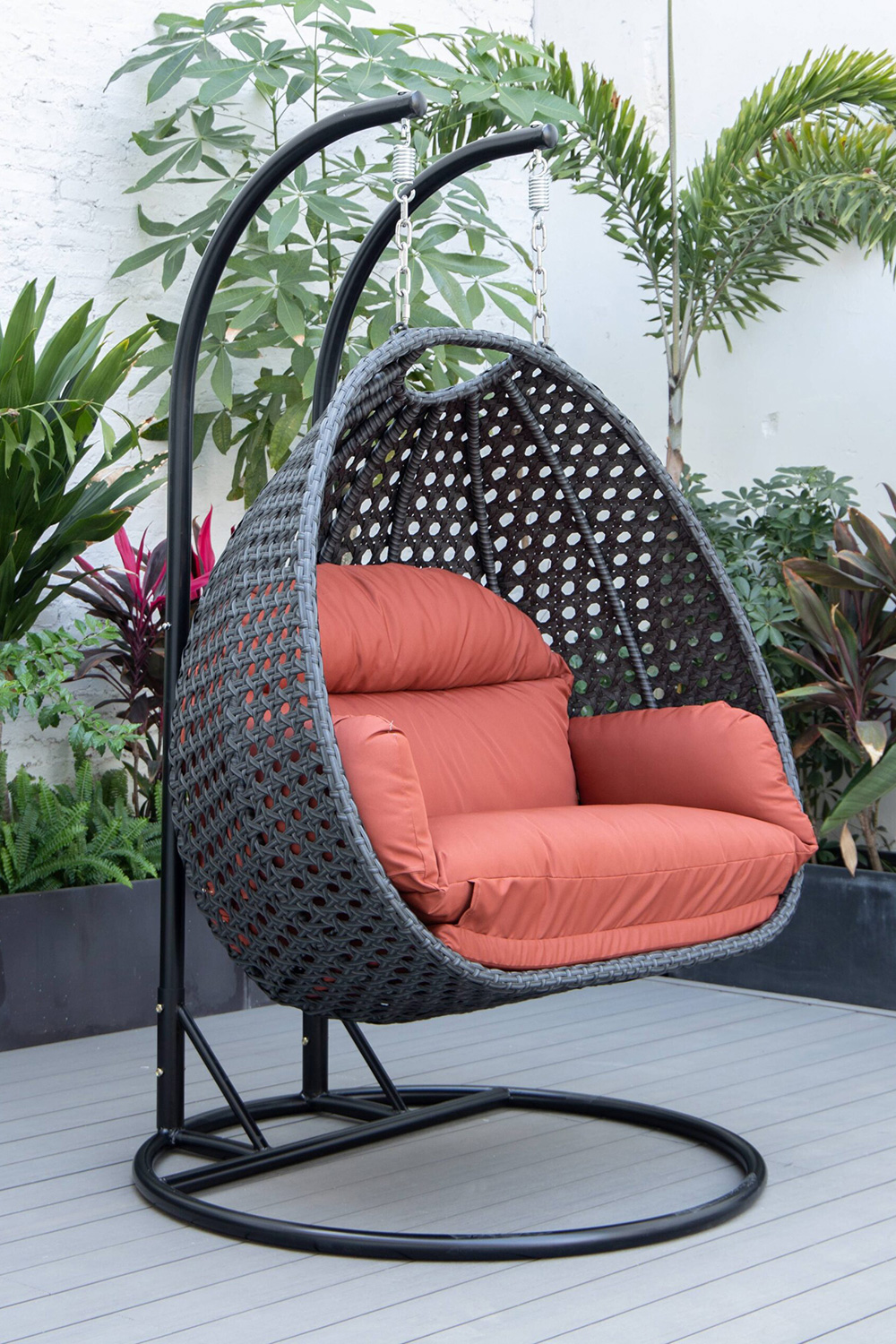 LeisureMod Mendoza Charcoal Wicker Hanging 2 Person Egg Swing Chair - Cherry