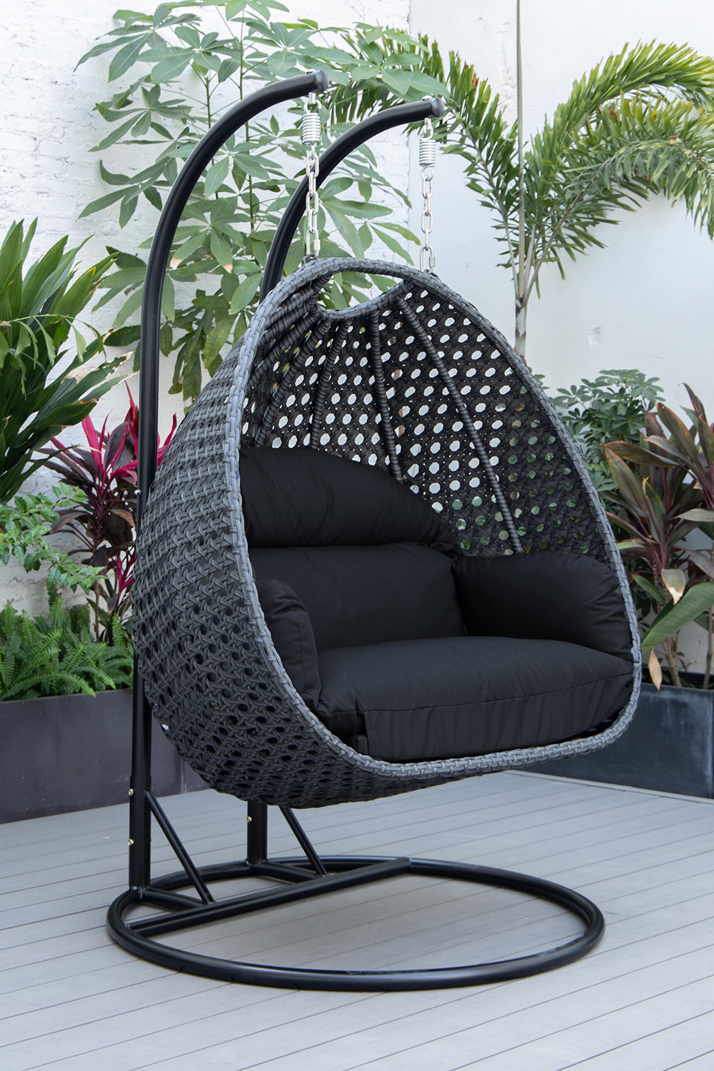 LeisureMod Mendoza Charcoal Wicker Hanging 2 Person Egg Swing Chair - Dark Gray