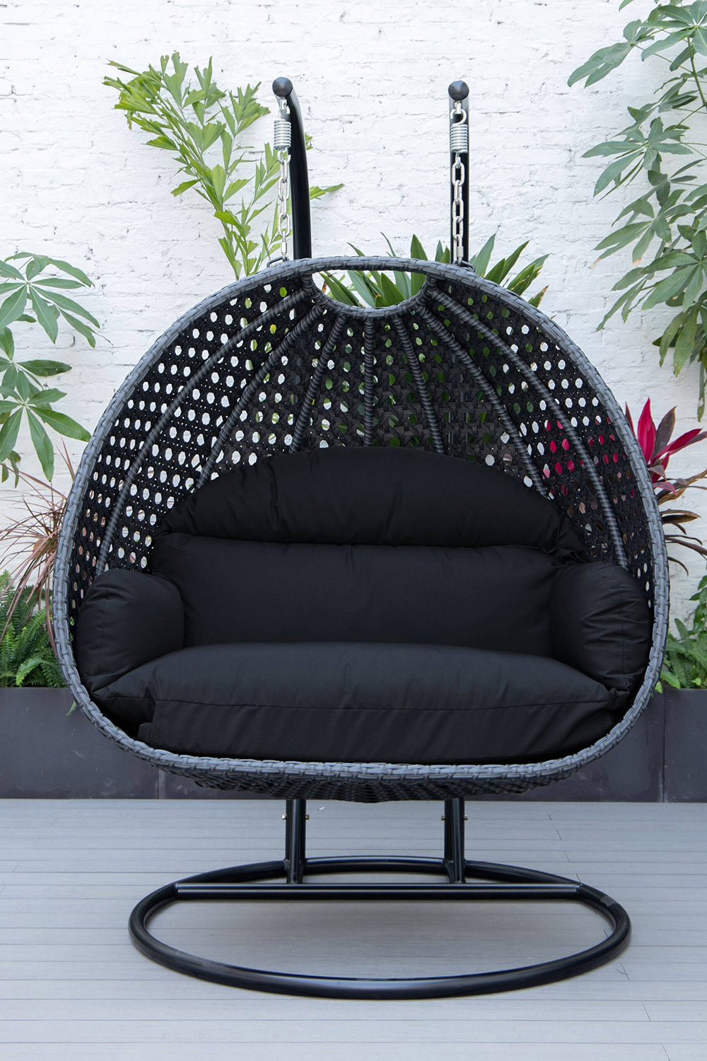 LeisureMod Mendoza Charcoal Wicker Hanging 2 Person Egg Swing Chair - Dark Gray