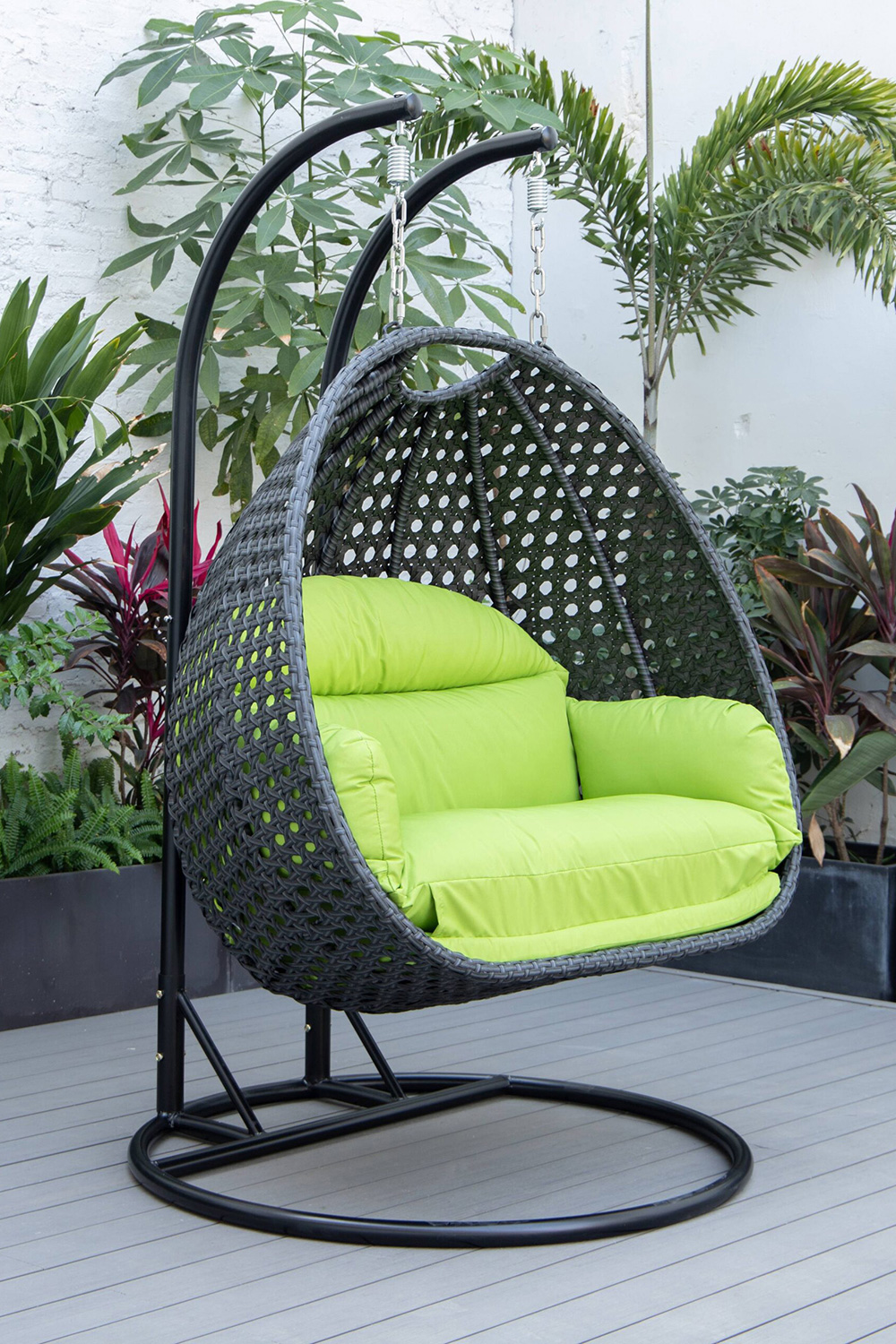 LeisureMod Mendoza Charcoal Wicker Hanging 2 Person Egg Swing Chair - Light Green