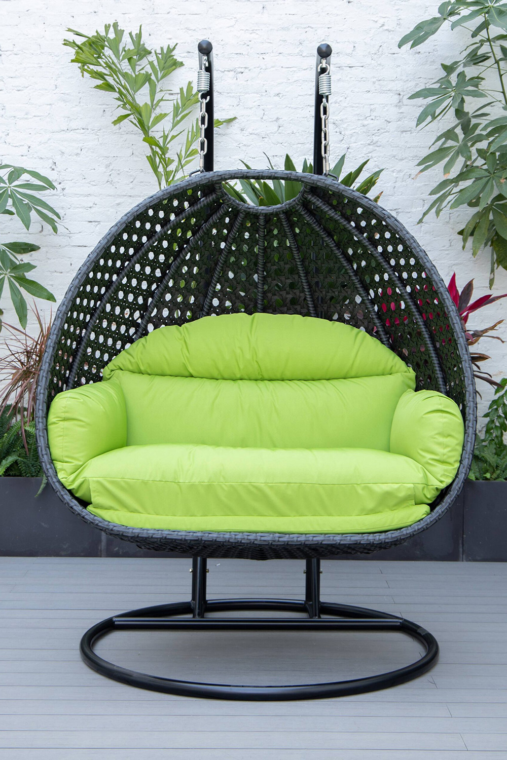 LeisureMod Mendoza Charcoal Wicker Hanging 2 Person Egg Swing Chair - Light Green