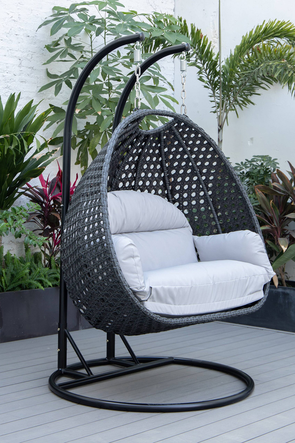 LeisureMod™ Mendoza Charcoal Wicker Hanging 2 Person Egg Swing Chair - Light Gray