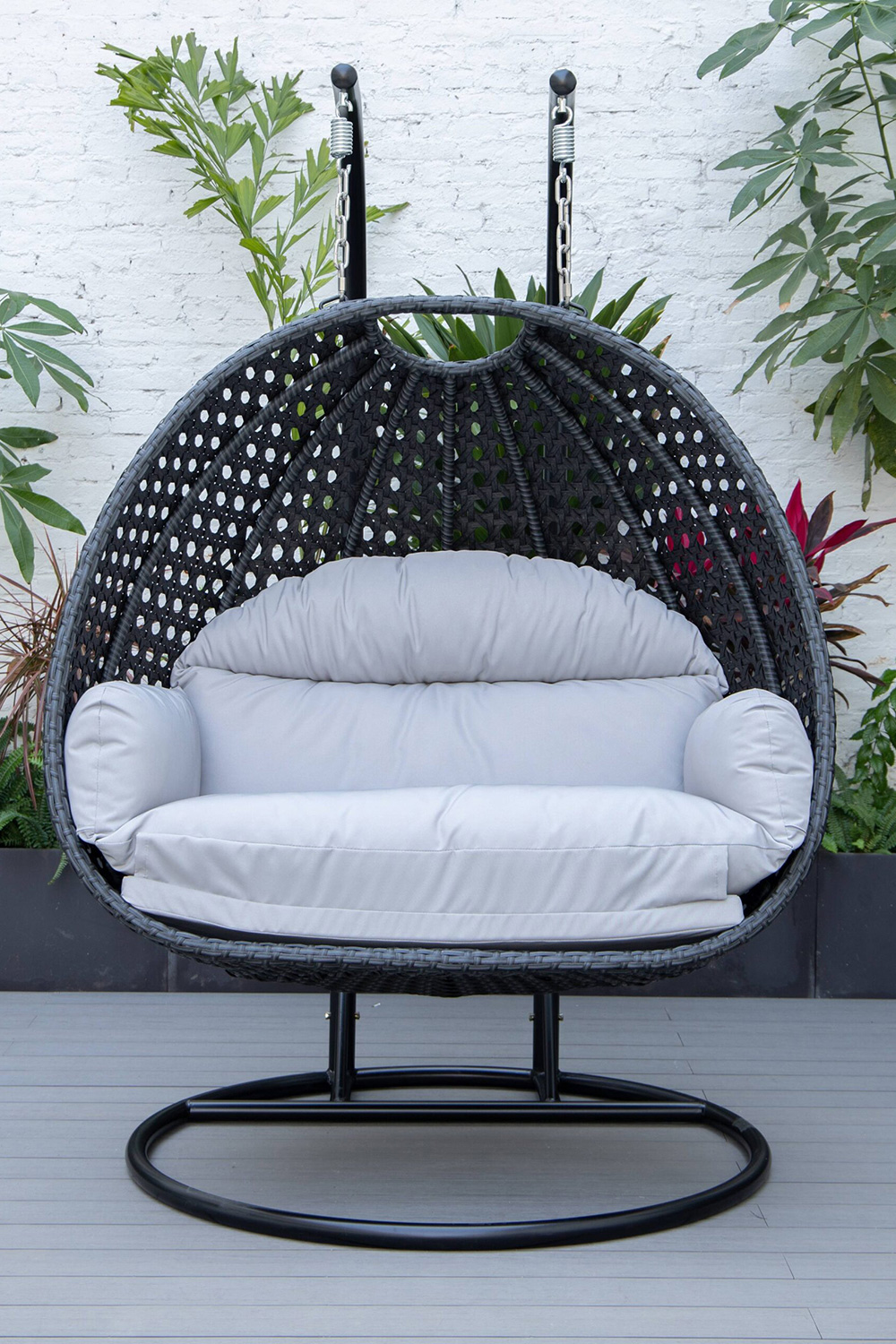 LeisureMod™ Mendoza Charcoal Wicker Hanging 2 Person Egg Swing Chair - Light Gray