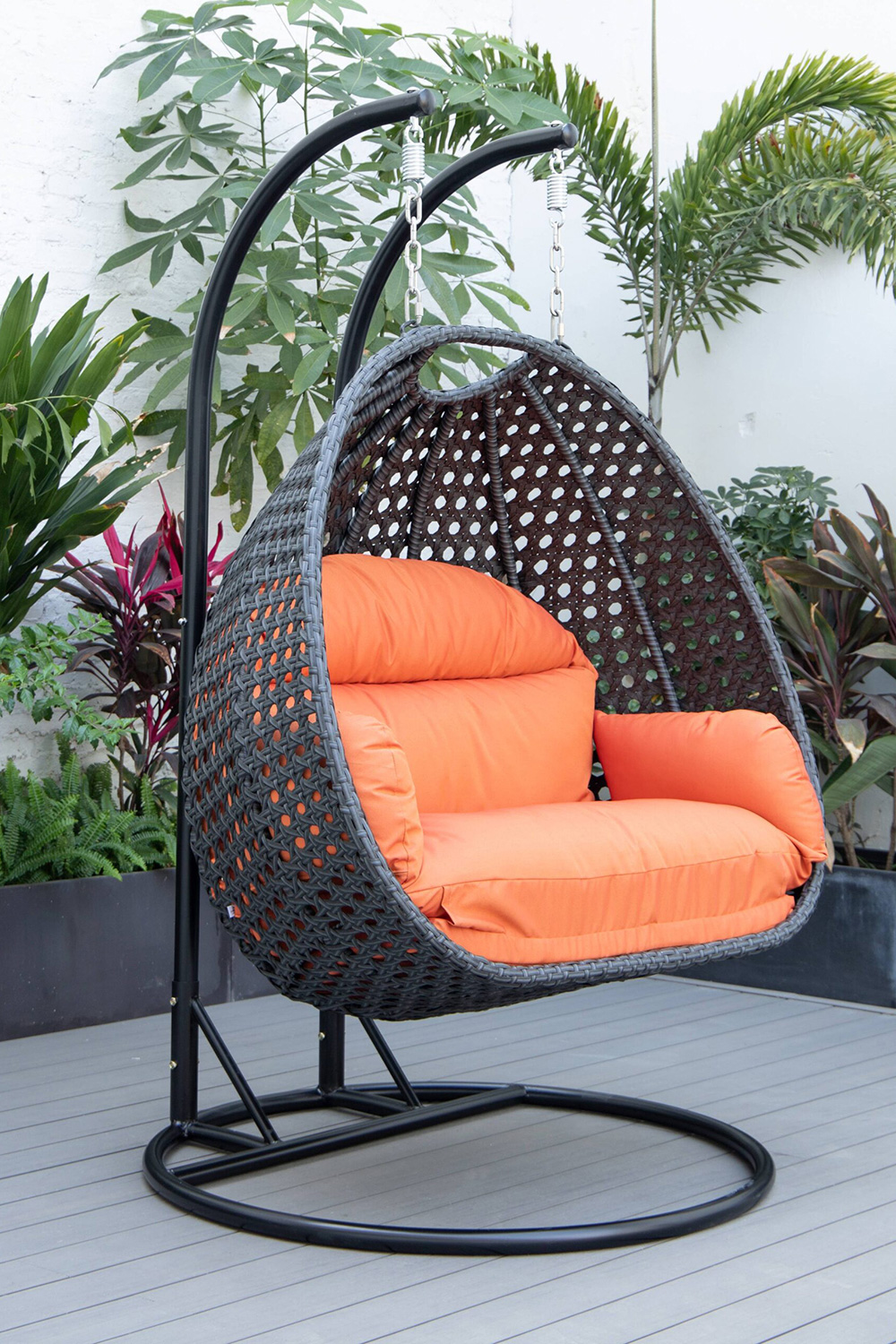 LeisureMod Mendoza Charcoal Wicker Hanging 2 Person Egg Swing Chair - Orange