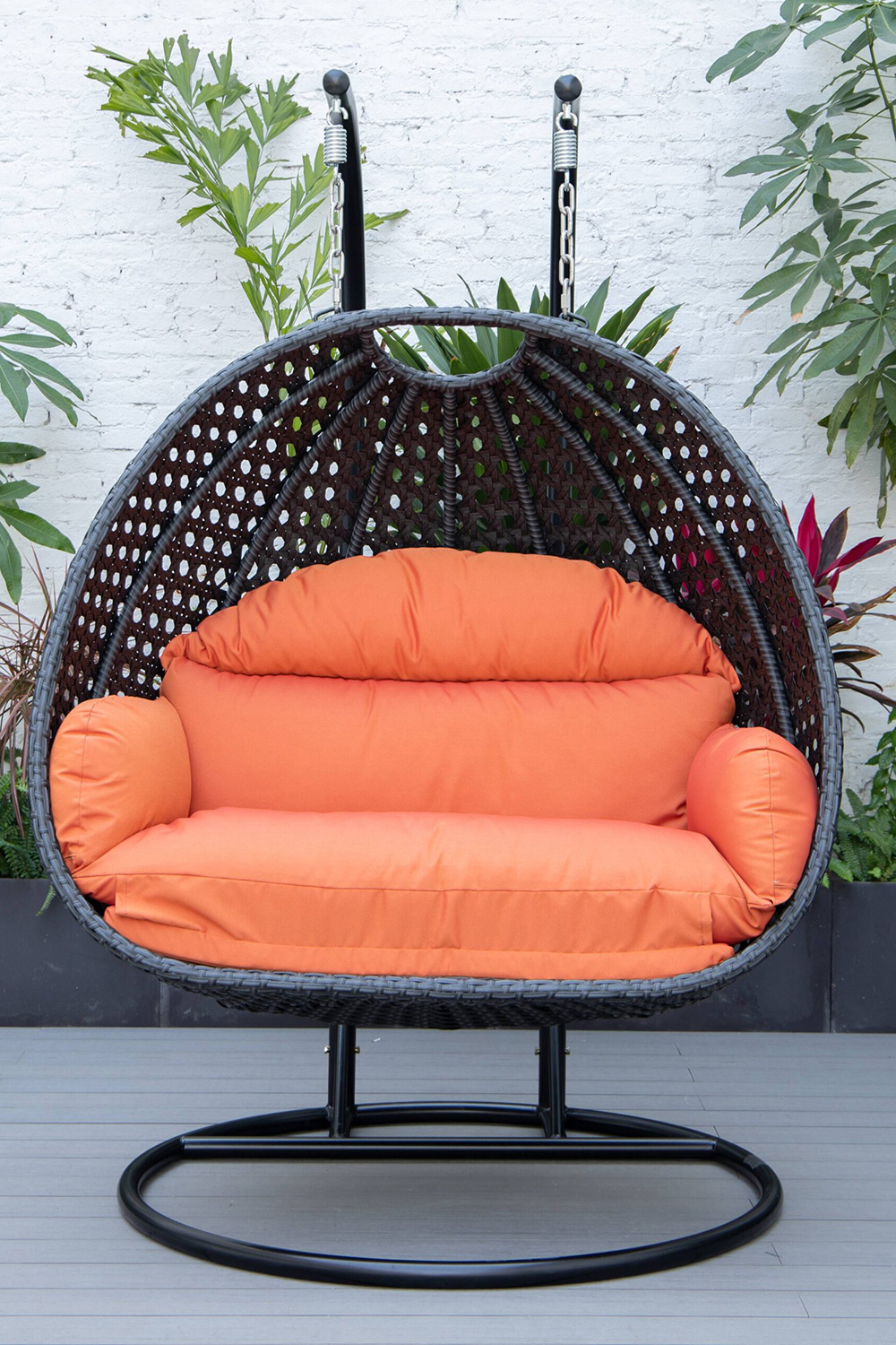 LeisureMod Mendoza Charcoal Wicker Hanging 2 Person Egg Swing Chair - Orange