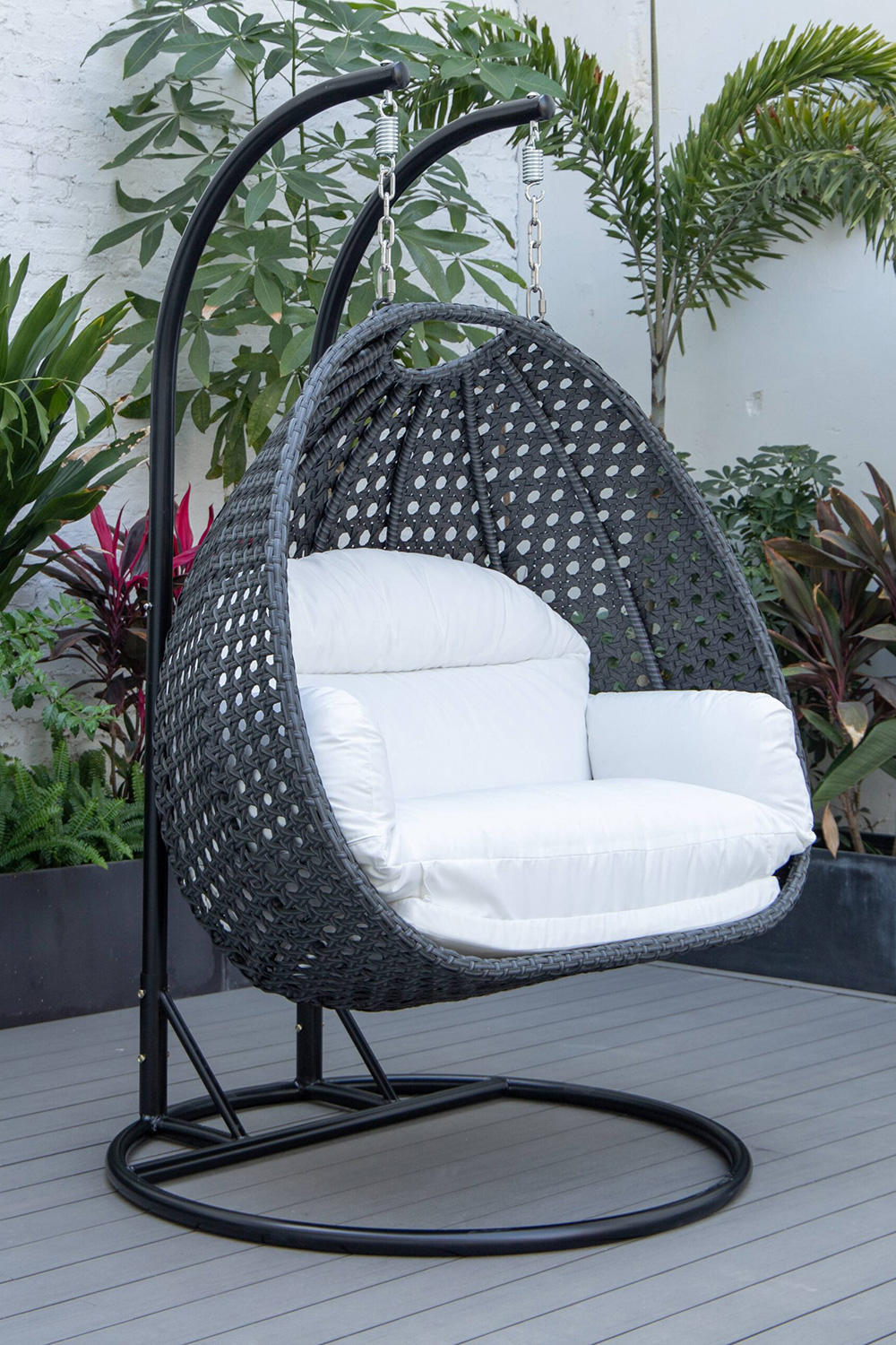 LeisureMod™ Mendoza Charcoal Wicker Hanging 2 Person Egg Swing Chair - White