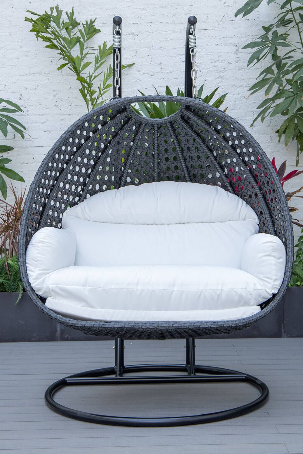 LeisureMod™ Mendoza Charcoal Wicker Hanging 2 Person Egg Swing Chair - White