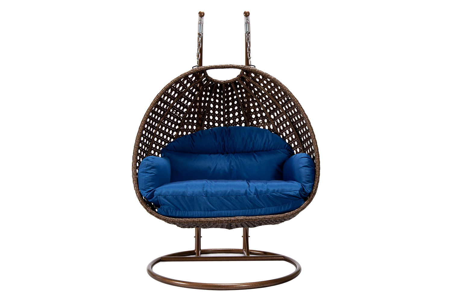 LeisureMod Mendoza Dark Brown Wicker Hanging 2 Person Egg Swing Chair - Blue