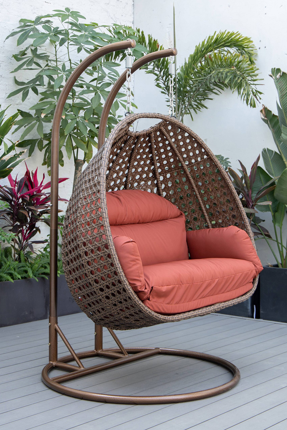 LeisureMod Mendoza Dark Brown Wicker Hanging 2 Person Egg Swing Chair - Cherry