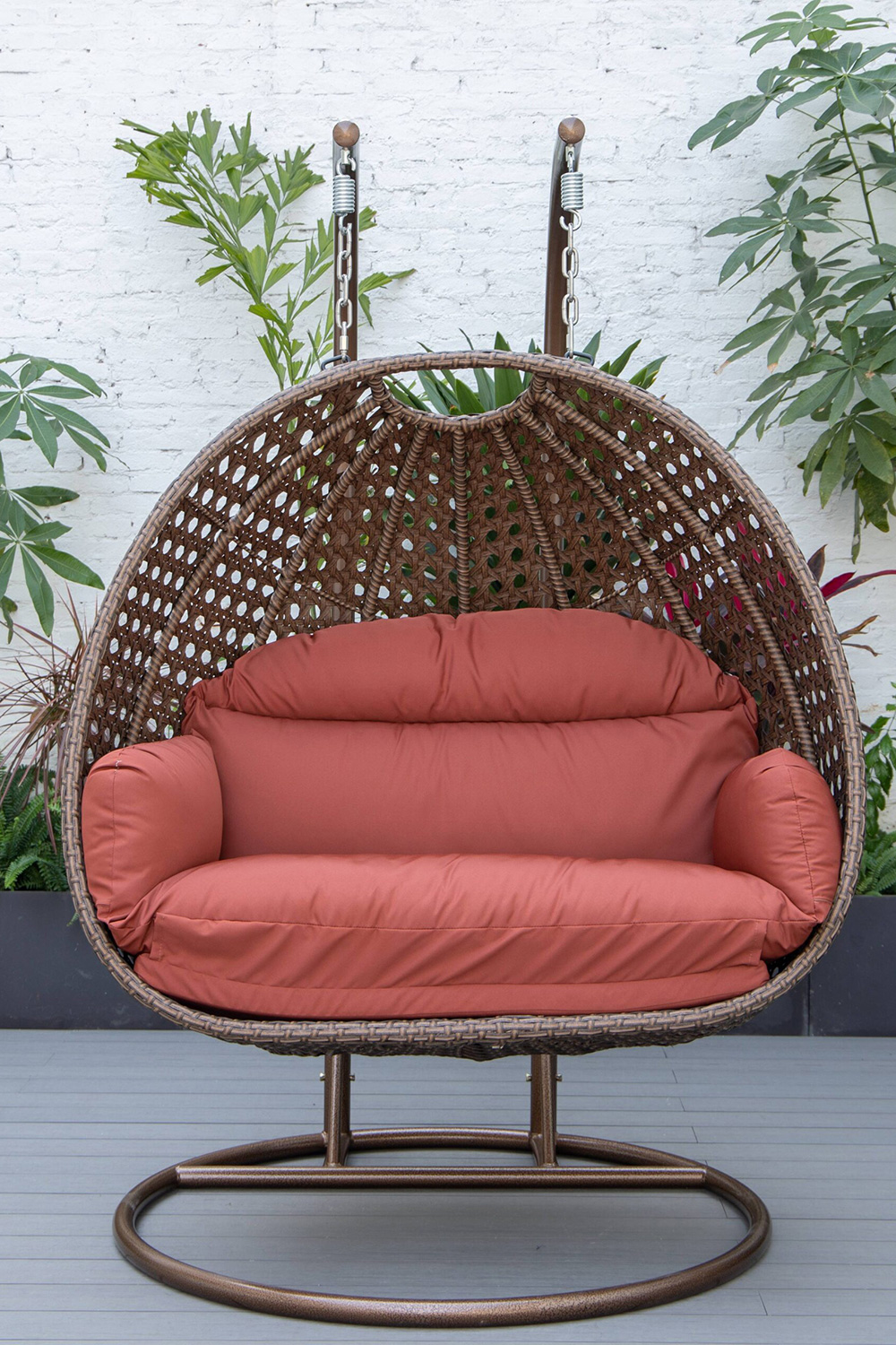 LeisureMod Mendoza Dark Brown Wicker Hanging 2 Person Egg Swing Chair - Cherry