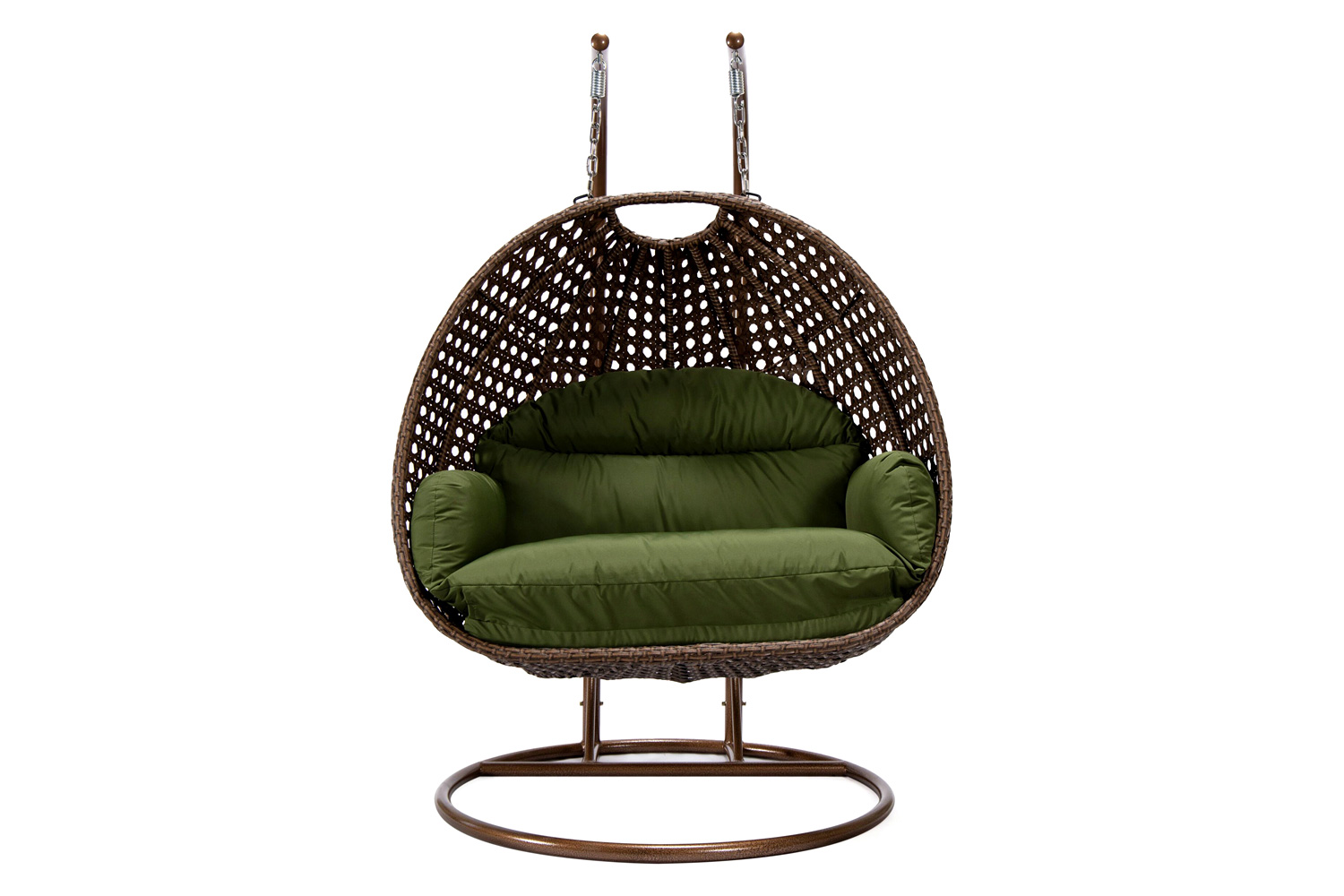 LeisureMod Mendoza Dark Brown Wicker Hanging 2 Person Egg Swing Chair - Dark Green