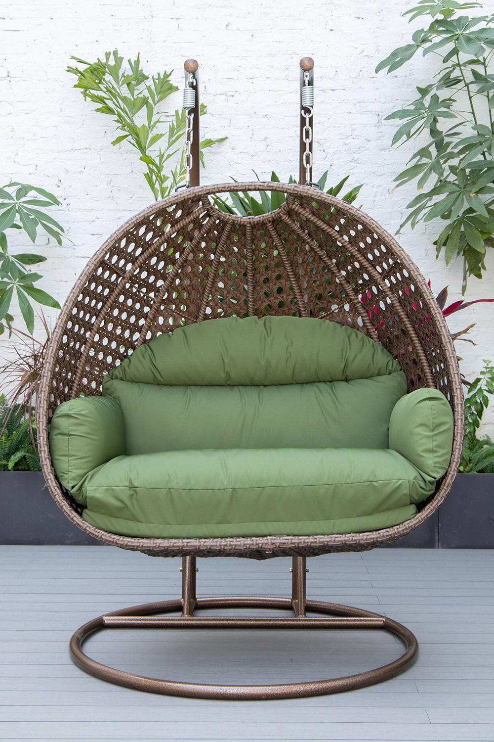 LeisureMod Mendoza Dark Brown Wicker Hanging 2 Person Egg Swing Chair - Dark Green