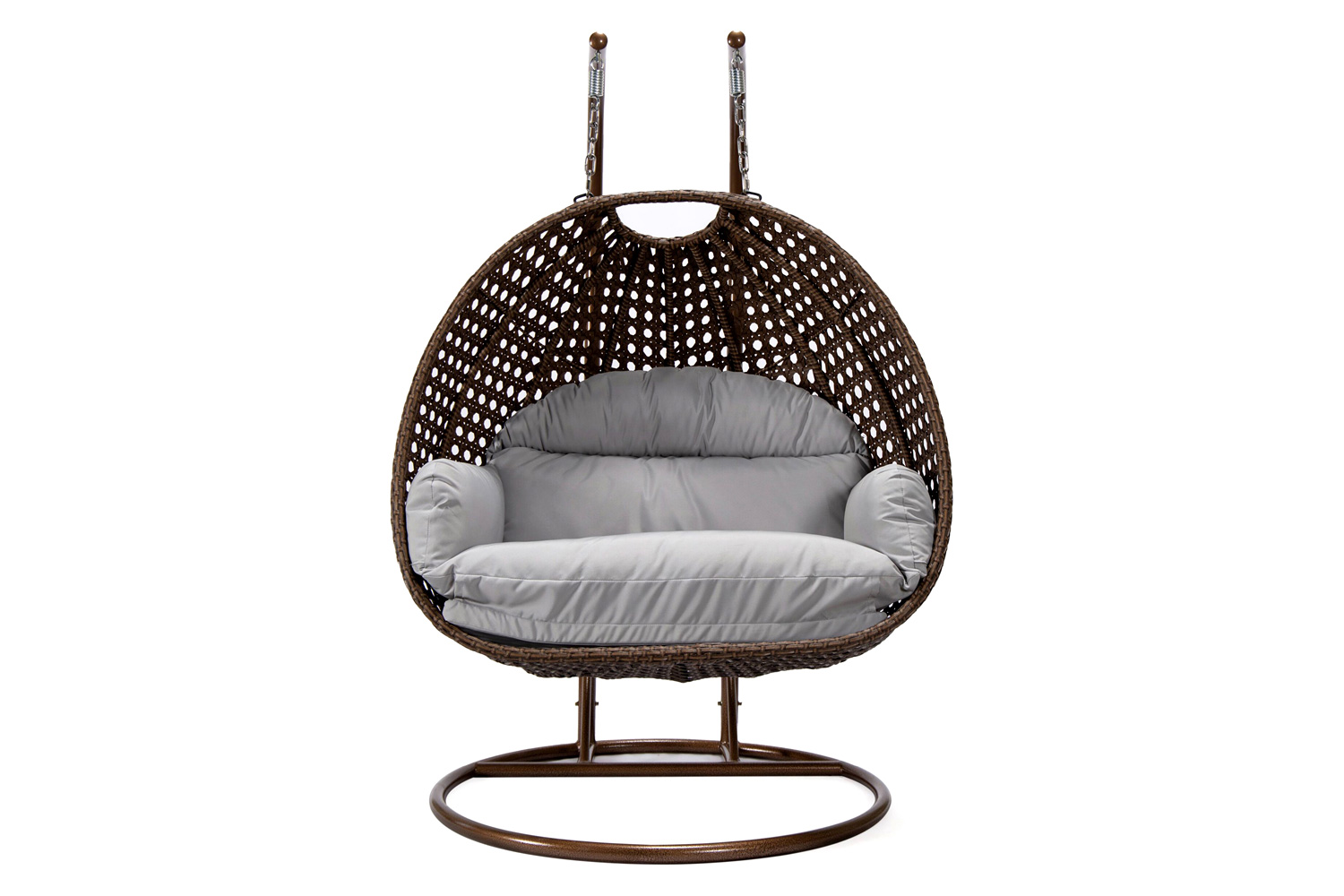 LeisureMod Mendoza Dark Brown Wicker Hanging 2 Person Egg Swing Chair - Light Gray