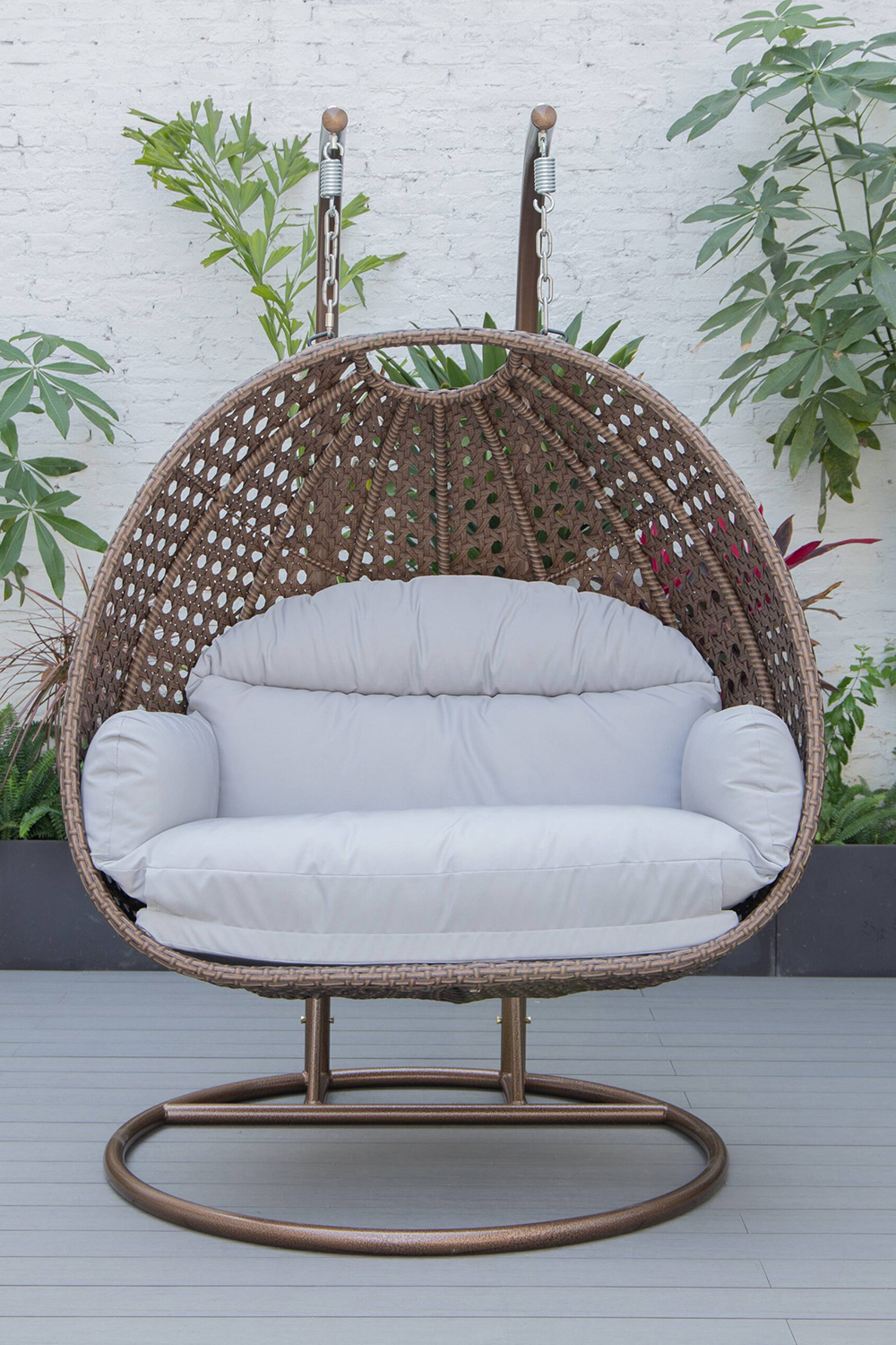 LeisureMod Mendoza Dark Brown Wicker Hanging 2 Person Egg Swing Chair - Light Gray