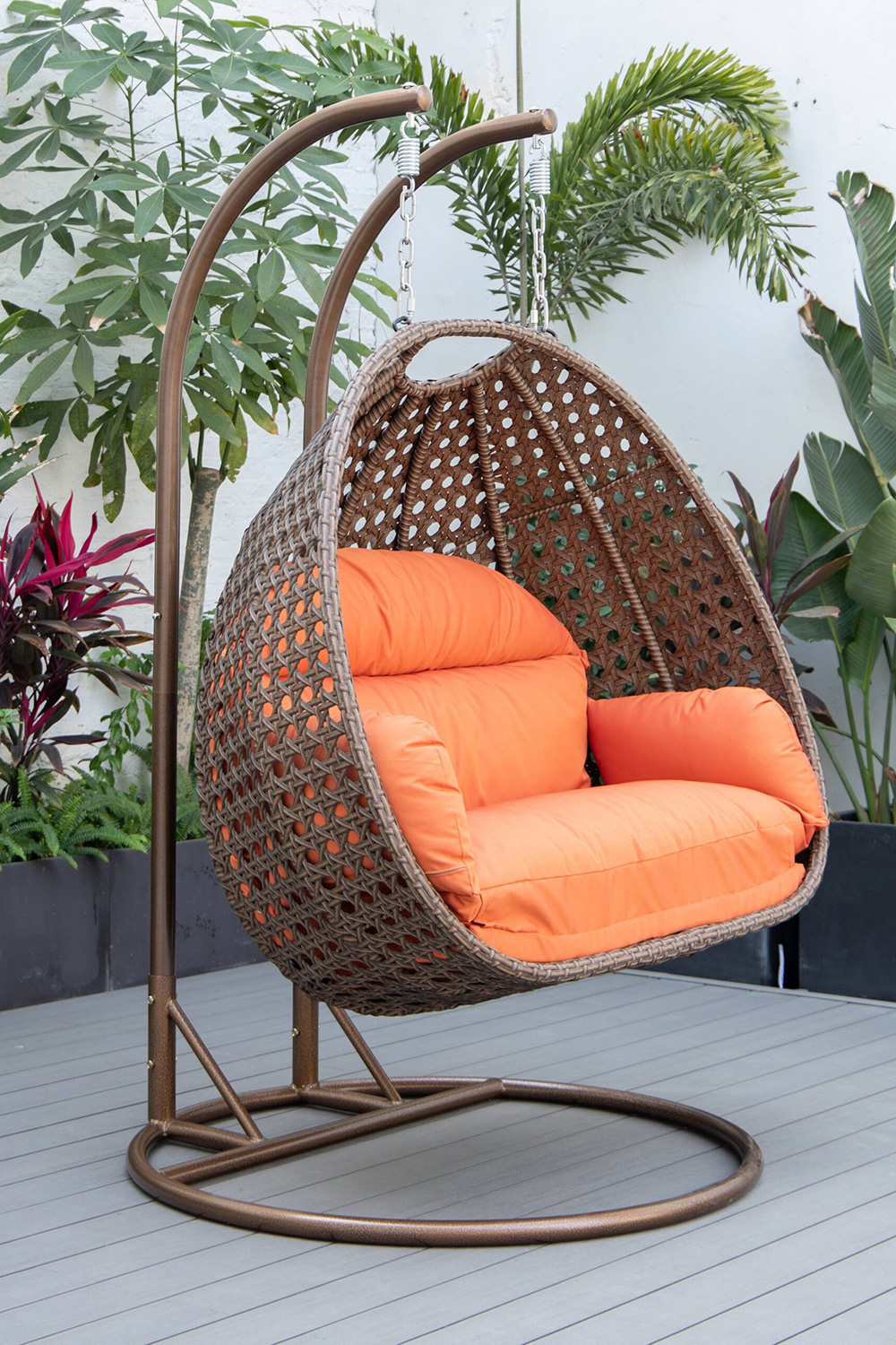 LeisureMod Mendoza Dark Brown Wicker Hanging 2 Person Egg Swing Chair - Orange