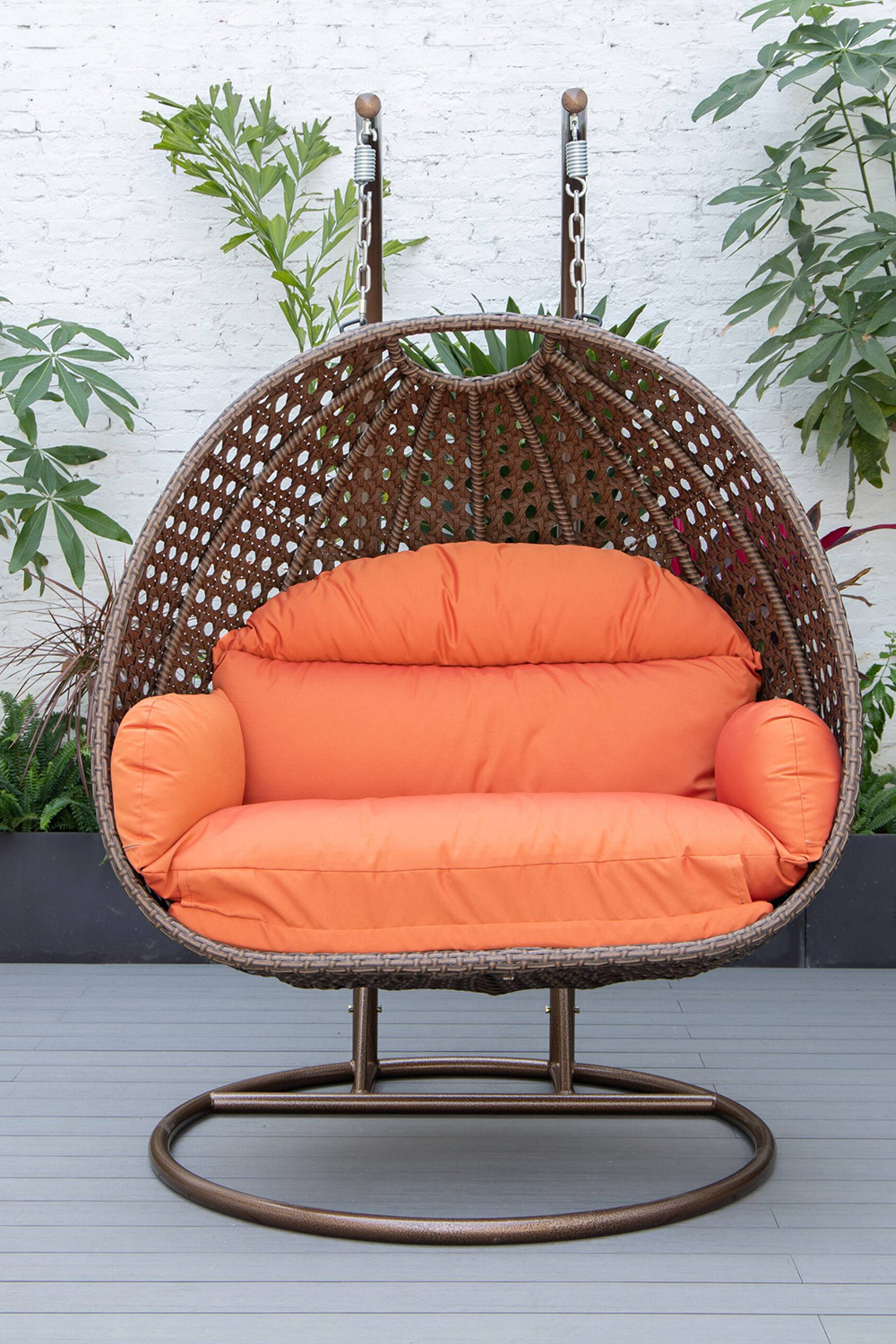 LeisureMod Mendoza Dark Brown Wicker Hanging 2 Person Egg Swing Chair - Orange