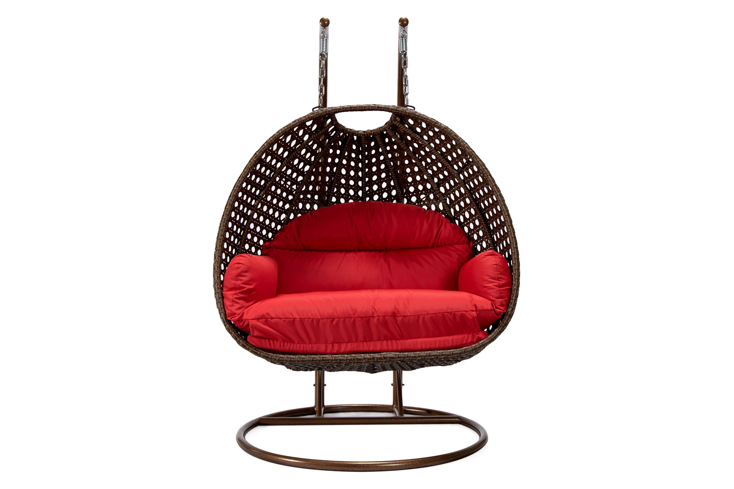 LeisureMod Mendoza Dark Brown Wicker Hanging 2 Person Egg Swing Chair - Red