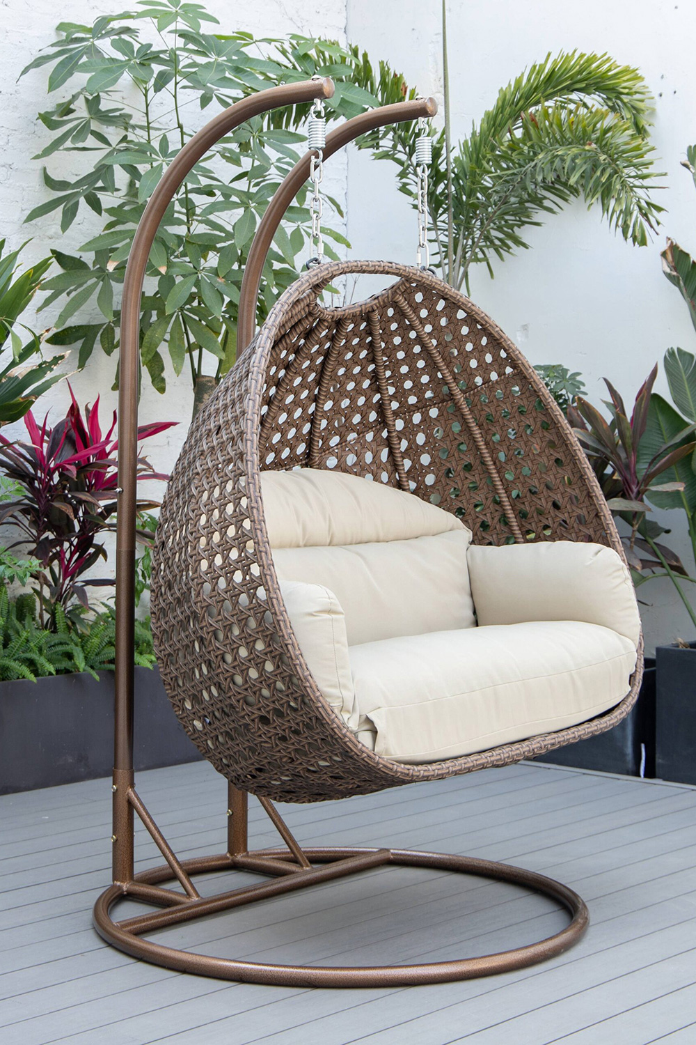 LeisureMod™ Mendoza Dark Brown Wicker Hanging 2 Person Egg Swing Chair - Taupe