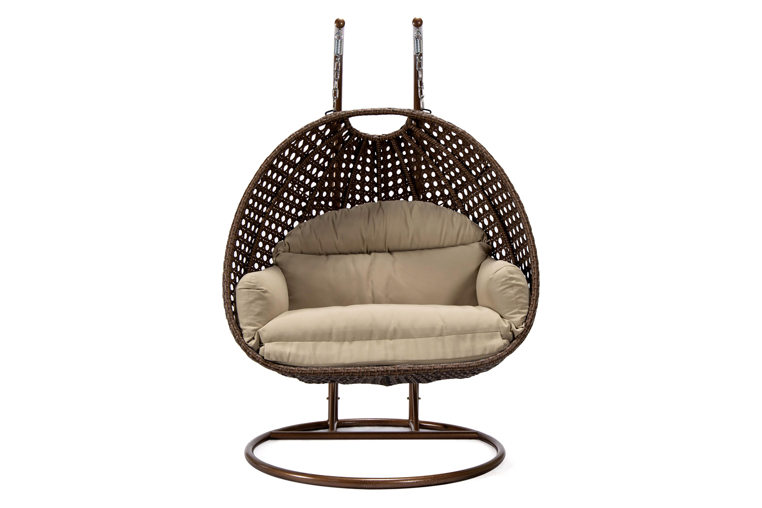 LeisureMod™ Mendoza Dark Brown Wicker Hanging 2 Person Egg Swing Chair - Taupe