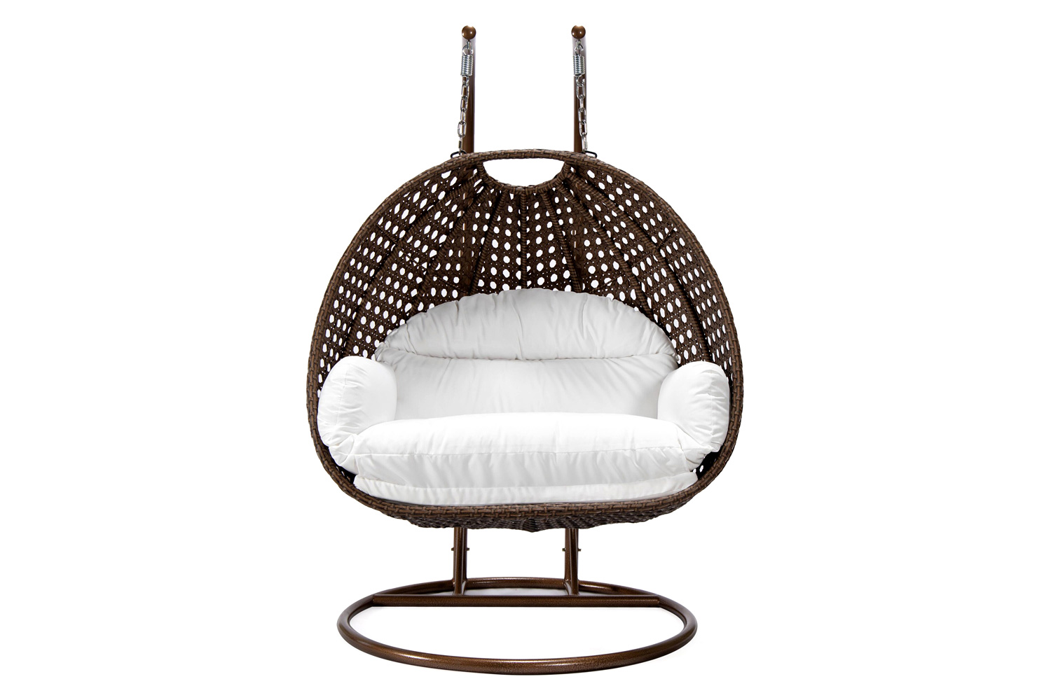 LeisureMod Mendoza Dark Brown Wicker Hanging 2 Person Egg Swing Chair - White