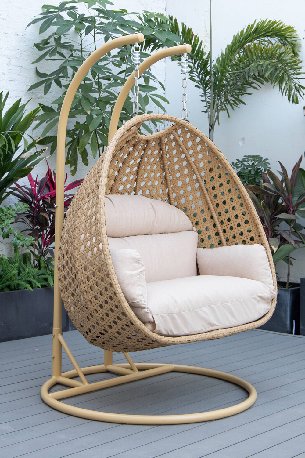 LeisureMod Mendoza Light Brown Wicker Hanging 2 Person Egg Swing Chair - Beige