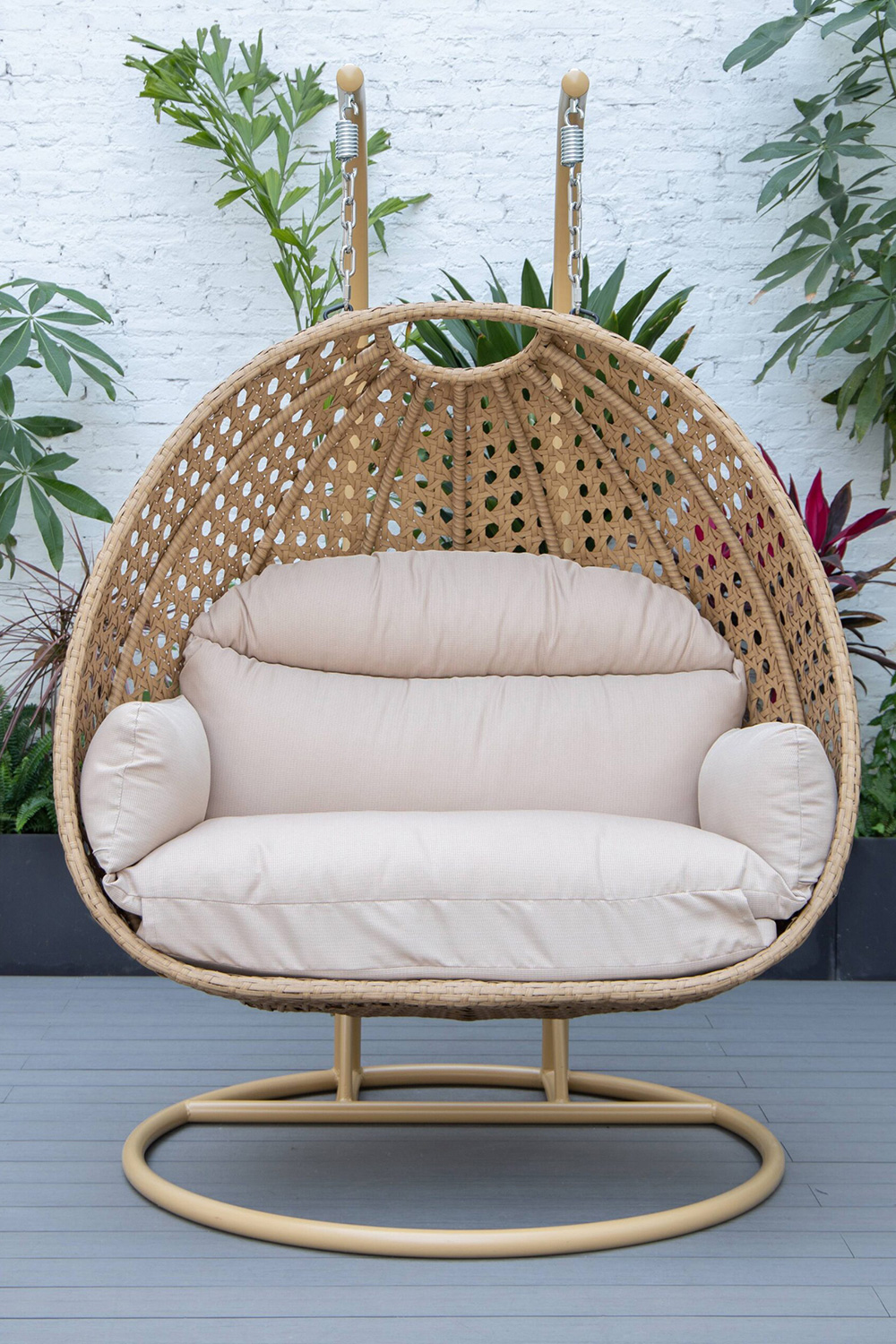 LeisureMod Mendoza Light Brown Wicker Hanging 2 Person Egg Swing Chair - Beige