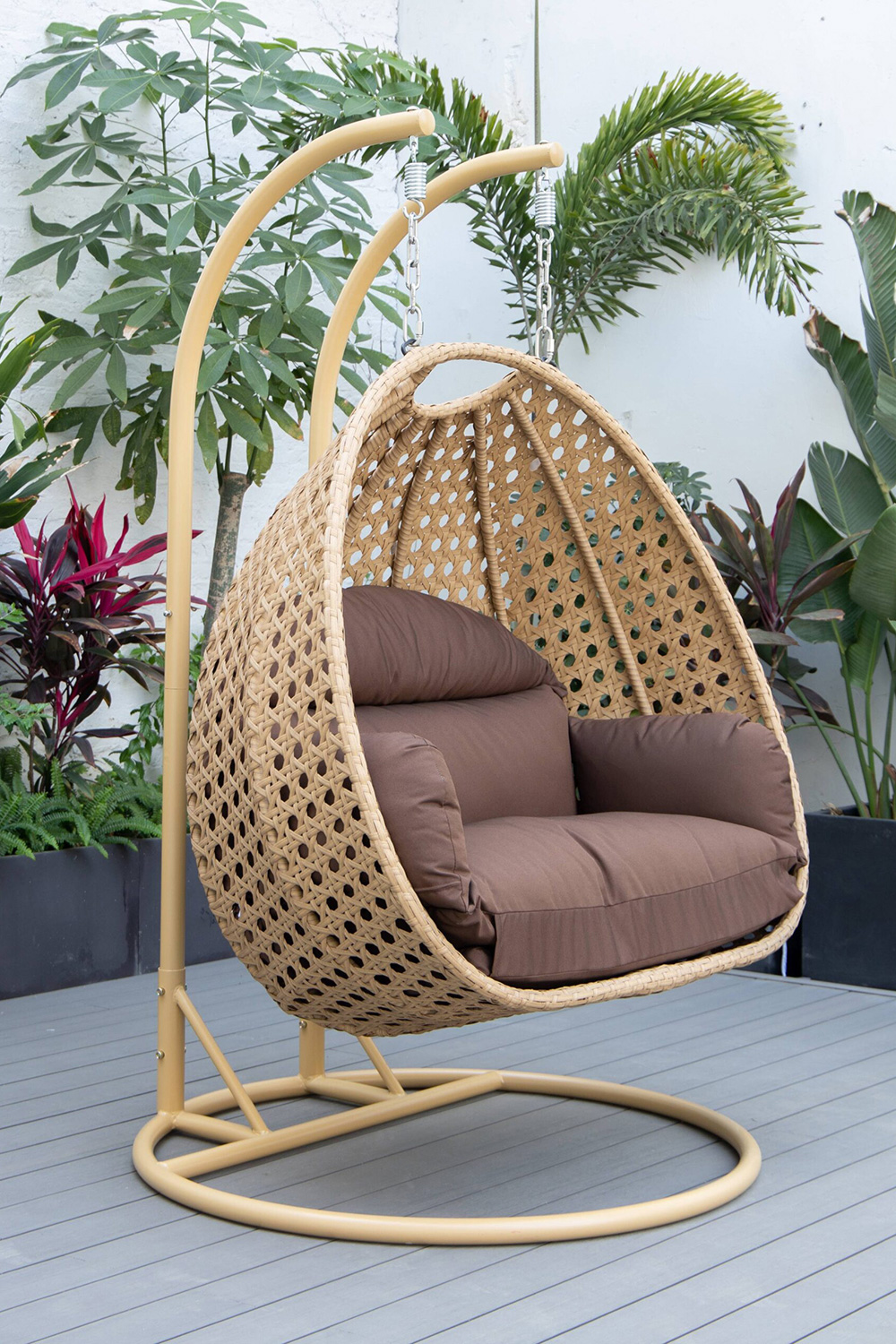 LeisureMod Mendoza Light Brown Wicker Hanging 2 Person Egg Swing Chair - Brown