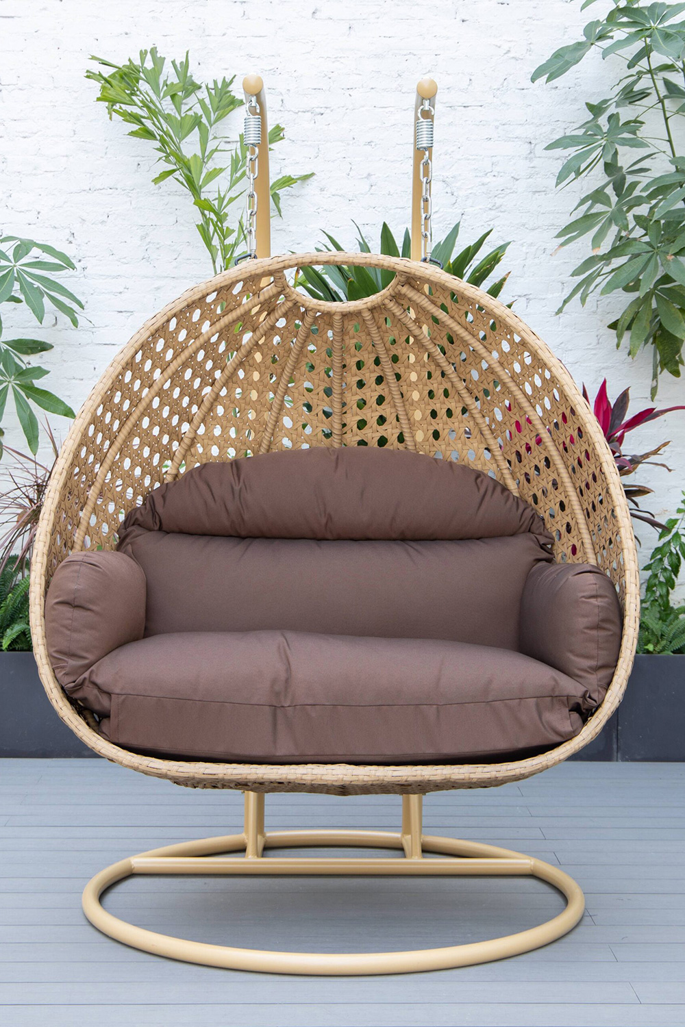 LeisureMod Mendoza Light Brown Wicker Hanging 2 Person Egg Swing Chair - Brown