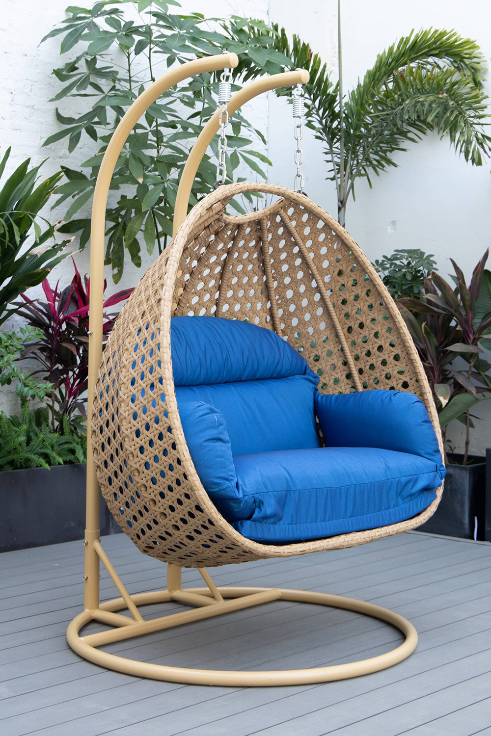 LeisureMod Mendoza Light Brown Wicker Hanging 2 Person Egg Swing Chair - Blue