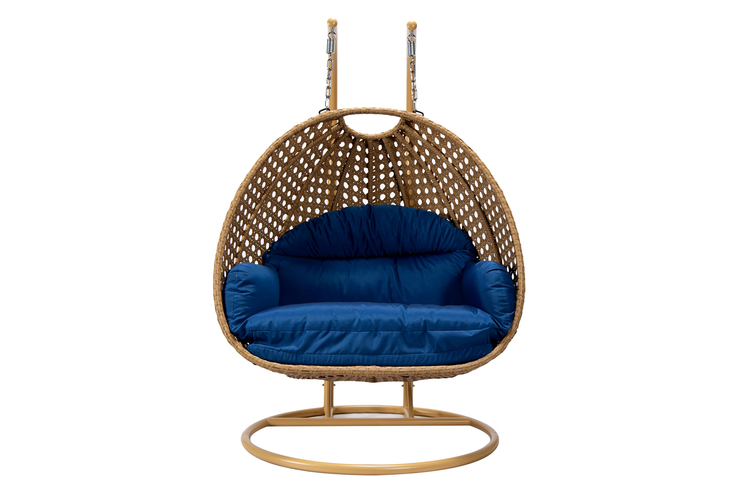 LeisureMod Mendoza Light Brown Wicker Hanging 2 Person Egg Swing Chair - Blue