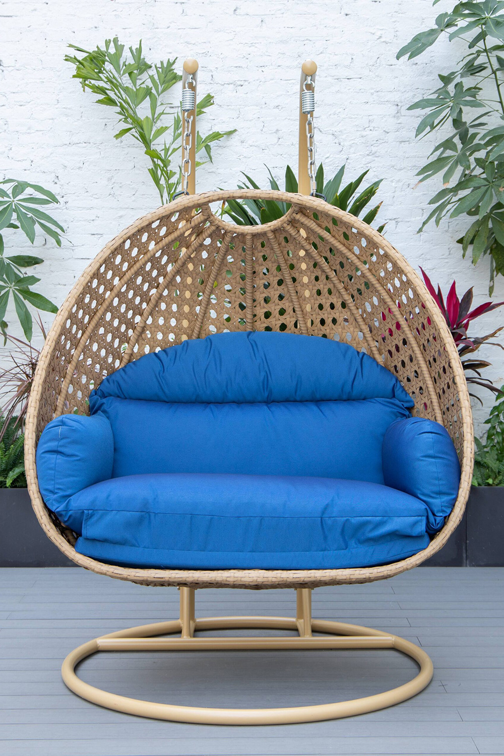 LeisureMod Mendoza Light Brown Wicker Hanging 2 Person Egg Swing Chair - Blue