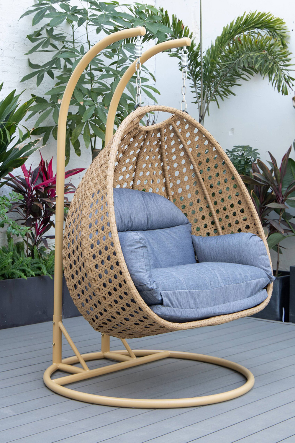 LeisureMod Mendoza Light Brown Wicker Hanging 2 Person Egg Swing Chair - Charcoal