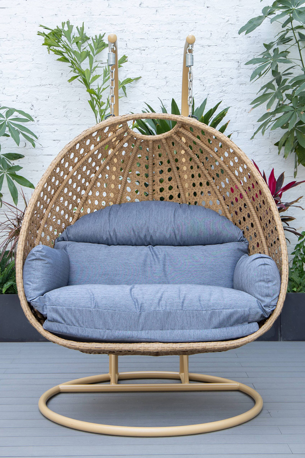 LeisureMod Mendoza Light Brown Wicker Hanging 2 Person Egg Swing Chair - Charcoal