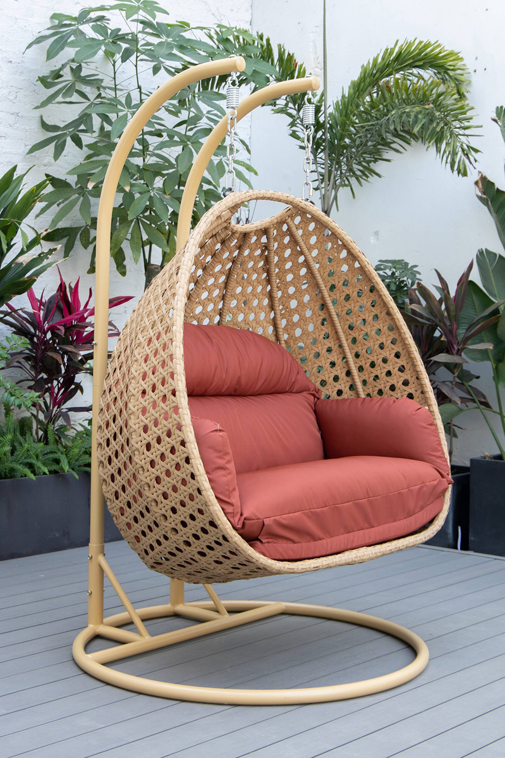 LeisureMod Mendoza Light Brown Wicker Hanging 2 Person Egg Swing Chair - Cherry