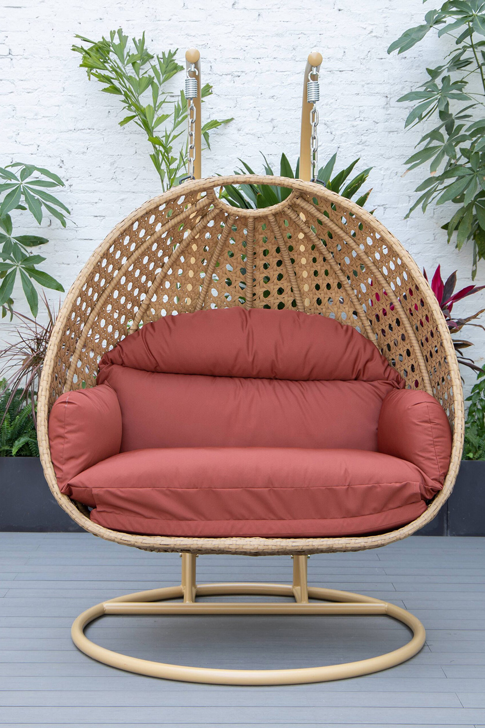 LeisureMod Mendoza Light Brown Wicker Hanging 2 Person Egg Swing Chair - Cherry