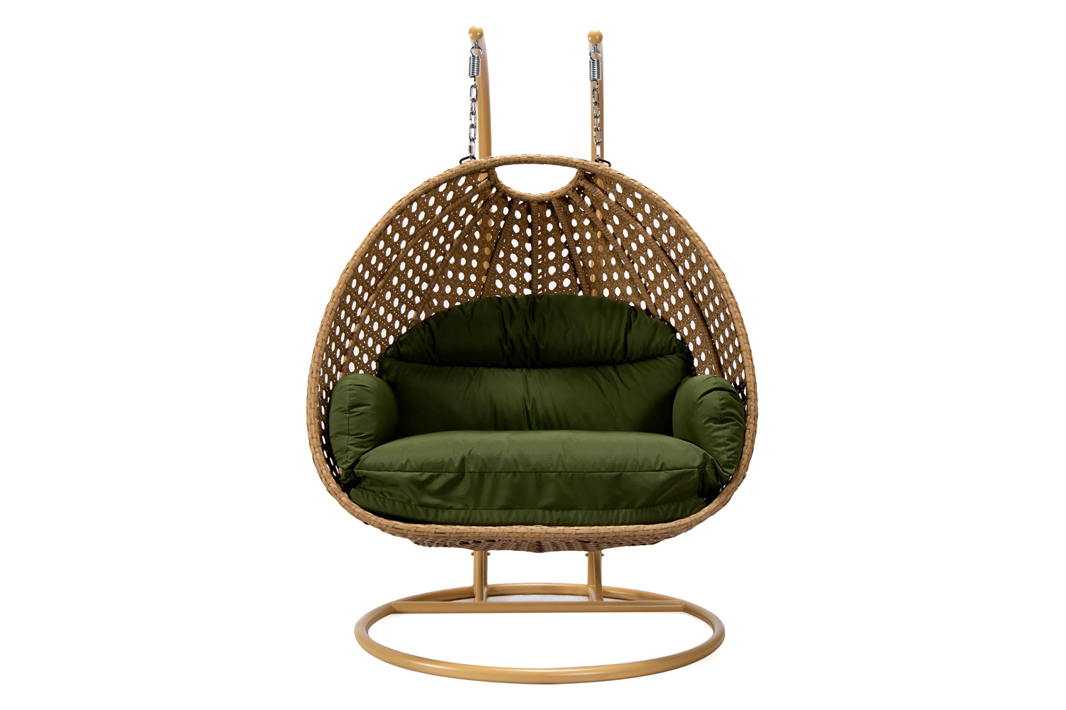 LeisureMod Mendoza Light Brown Wicker Hanging 2 Person Egg Swing Chair - Dark Green