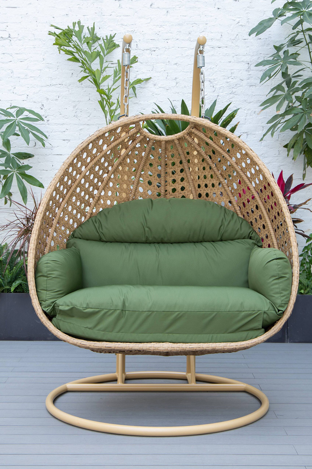 LeisureMod Mendoza Light Brown Wicker Hanging 2 Person Egg Swing Chair - Dark Green