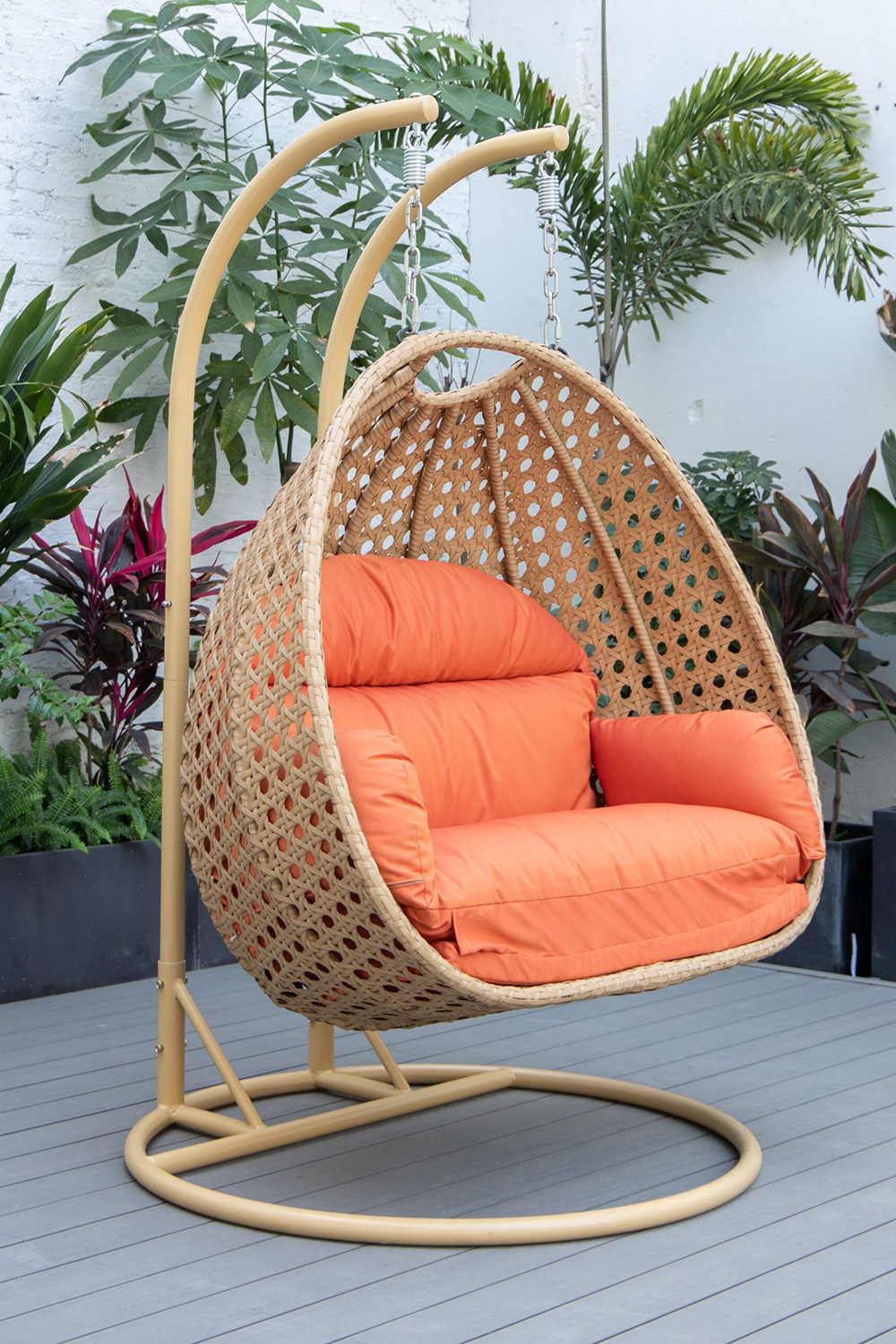 LeisureMod Mendoza Light Brown Wicker Hanging 2 Person Egg Swing Chair - Orange