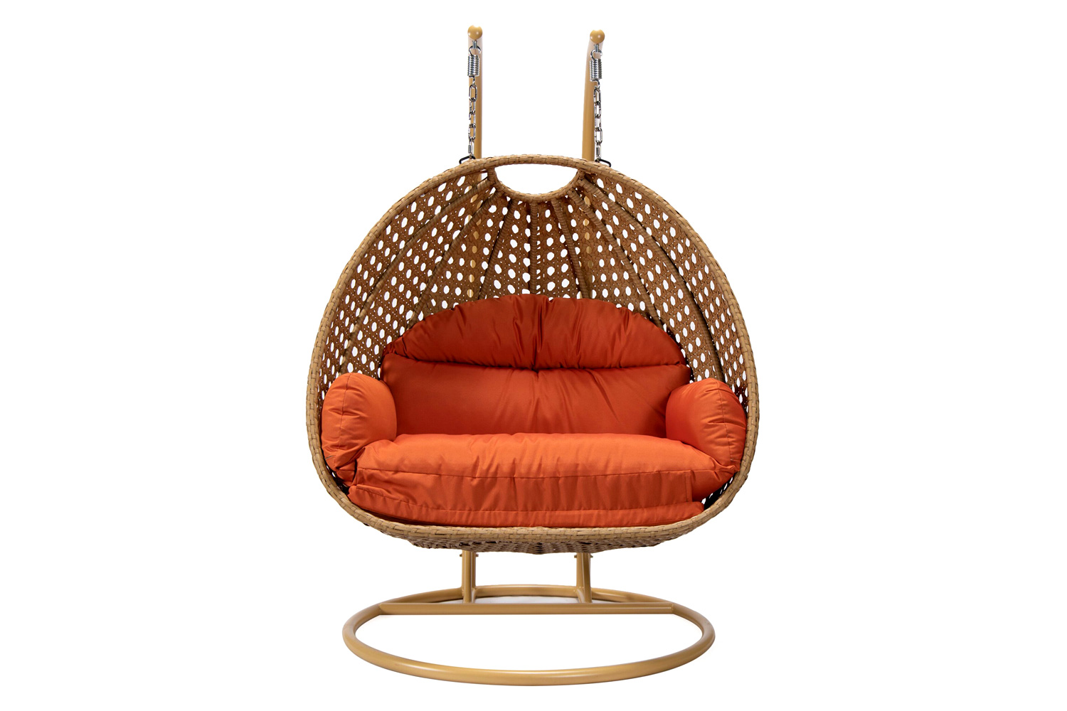 LeisureMod Mendoza Light Brown Wicker Hanging 2 Person Egg Swing Chair - Orange