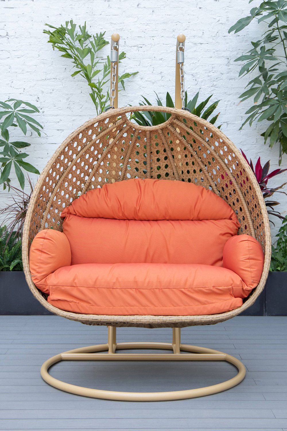 LeisureMod Mendoza Light Brown Wicker Hanging 2 Person Egg Swing Chair - Orange